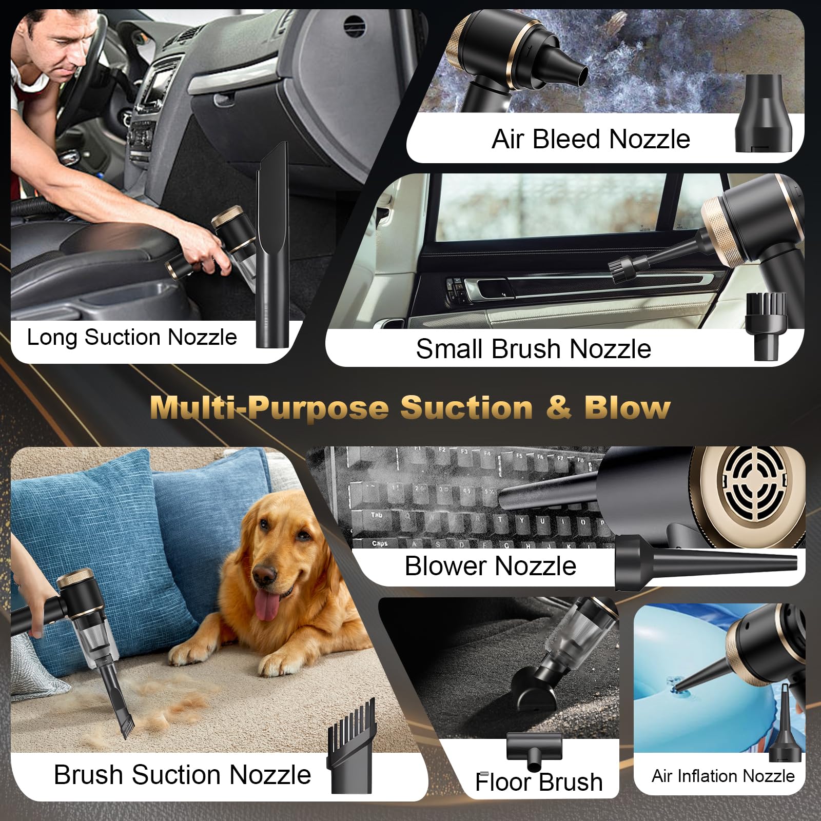 Aspirapolvere per Auto con 5500 Pa - 4 in 1 Aspirapolvere Portatile - Aspirabriciole Senza Fili con bocchetta multiuso, ideale per auto, casa, cura degli animali domestici e ufficio