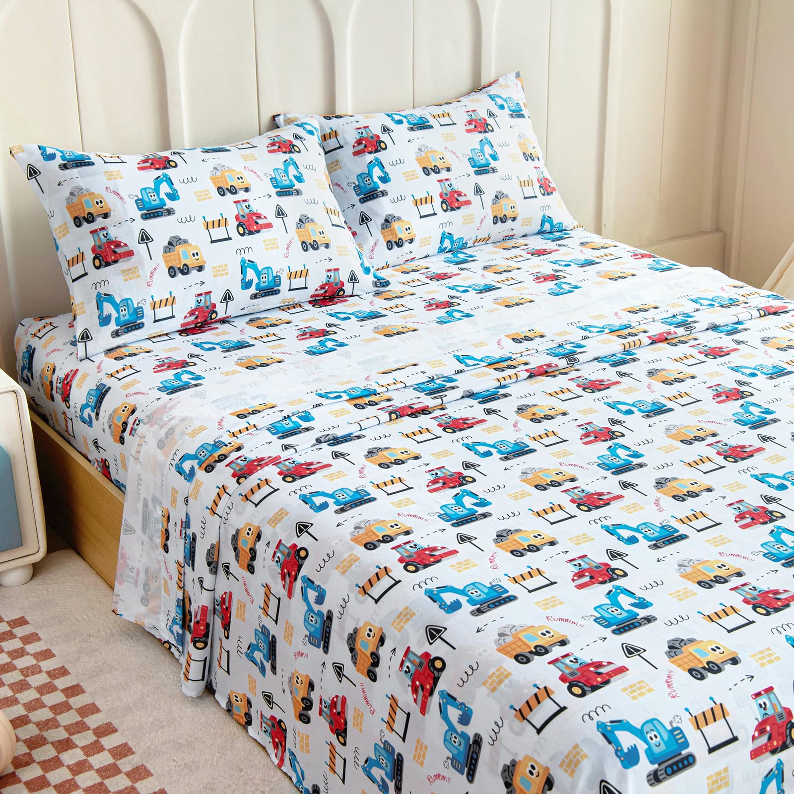 Full Sheet Set Kids - Cars 4 Pieces Soft Microfiber Cartoon Style Bedsheets for Boys Girls Teens, Oeko TEX Breathable 15 Inch Deep Pocket Sheets(Engineering Cars)