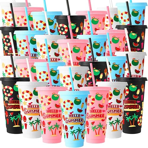 Honeydak Vaso de 24 onzas con popote y tapa, regalos de plástico reutilizable, botella de agua a granel, taza para café helado, taza de viaje para