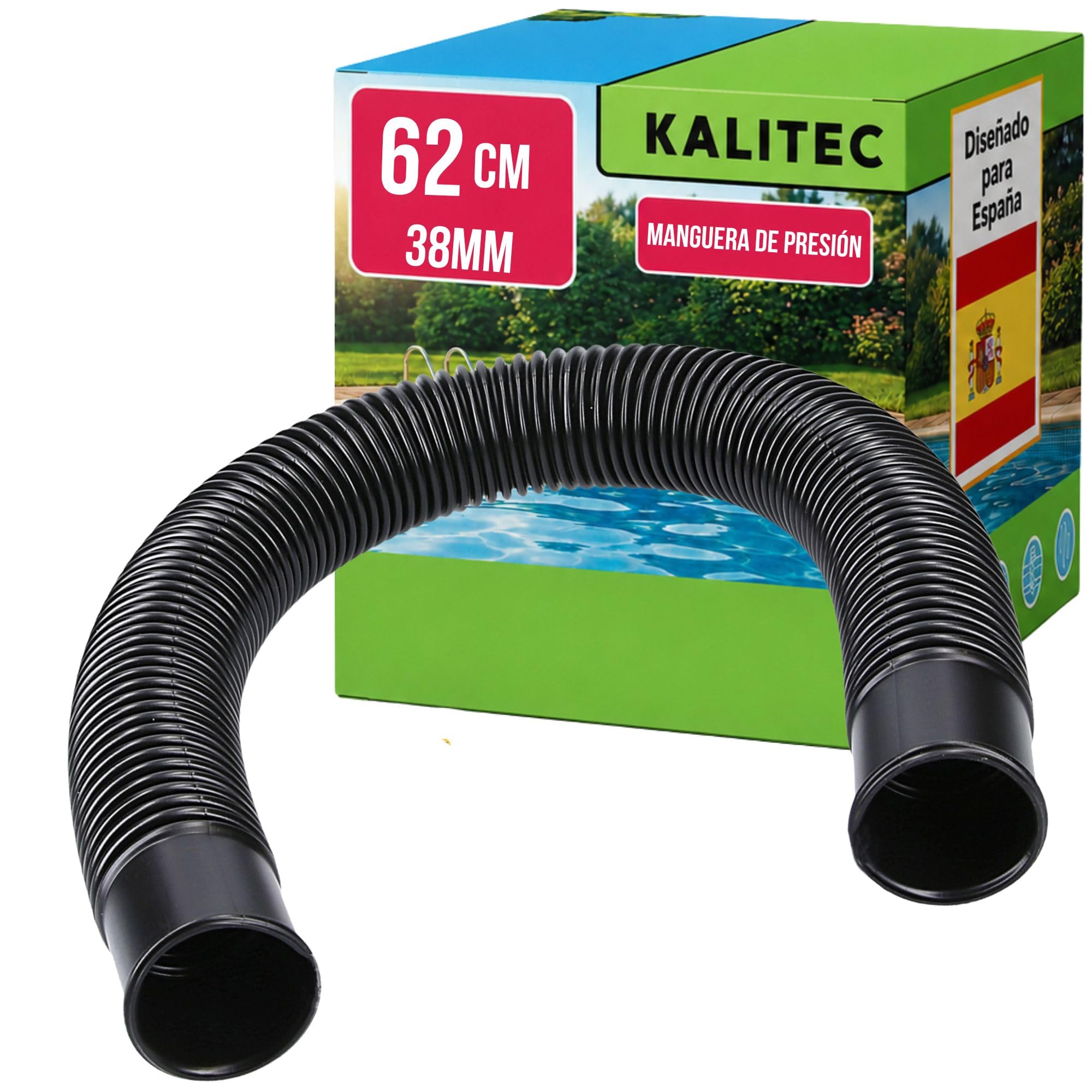 Kalitec manguera presión 38 mm 62 cm negra - manguera aspiración flexible - para bomba de piscina, filtro de arena y skimmer - manguera conexión 1 1/2 pulgada tubo piscina