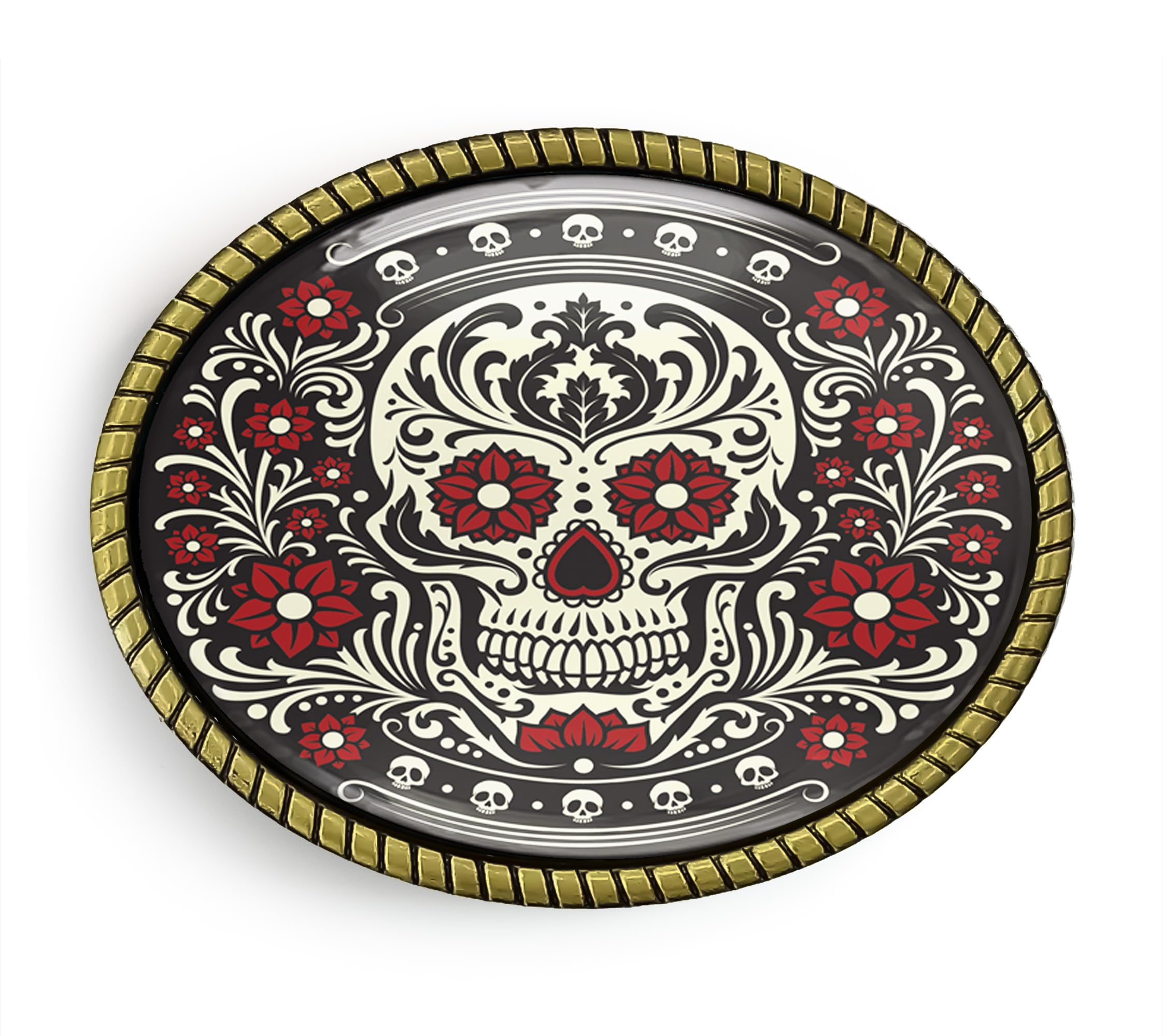 Ornate Dia De Muertos Belt Buckle - Mexican Day of the Dead Skull Handmade Brass Buckle
