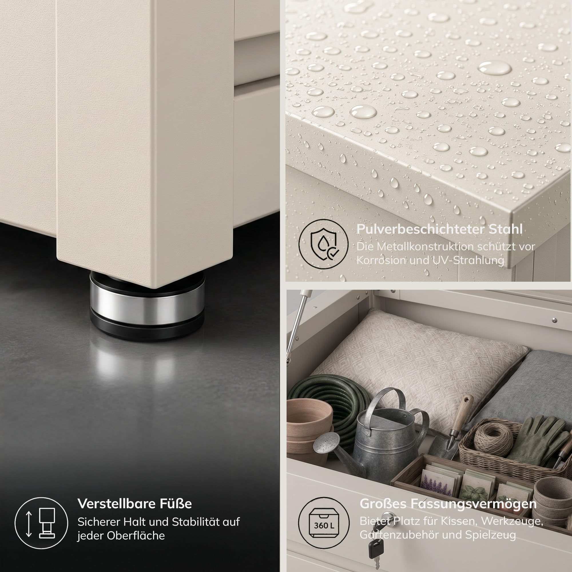 Jan Nowak Gartenbox Metall 360 L Auflagenbox wasserdicht abschließbar Kissenbox Stahl Balkonbox Terrassenbox Outdoor Aufbewahrungsbox mit Gasdruckfedern Sitzfunktion 119 x 58,7 x 52 cm