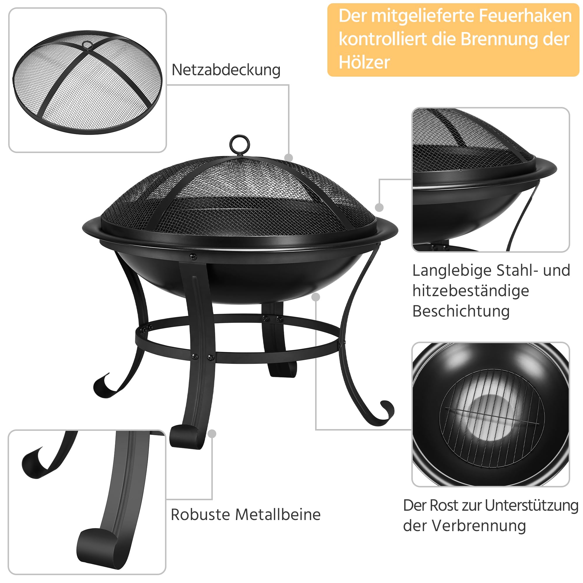 Yaheetech Ø 54cm Feuerschale mit Funkenschutz, Outdoor Feuerstelle Feuerkorb, Fire Pit, Feuerschalen für den Garten, Heizung, Terrasse, Lagerfeuer und Camping
