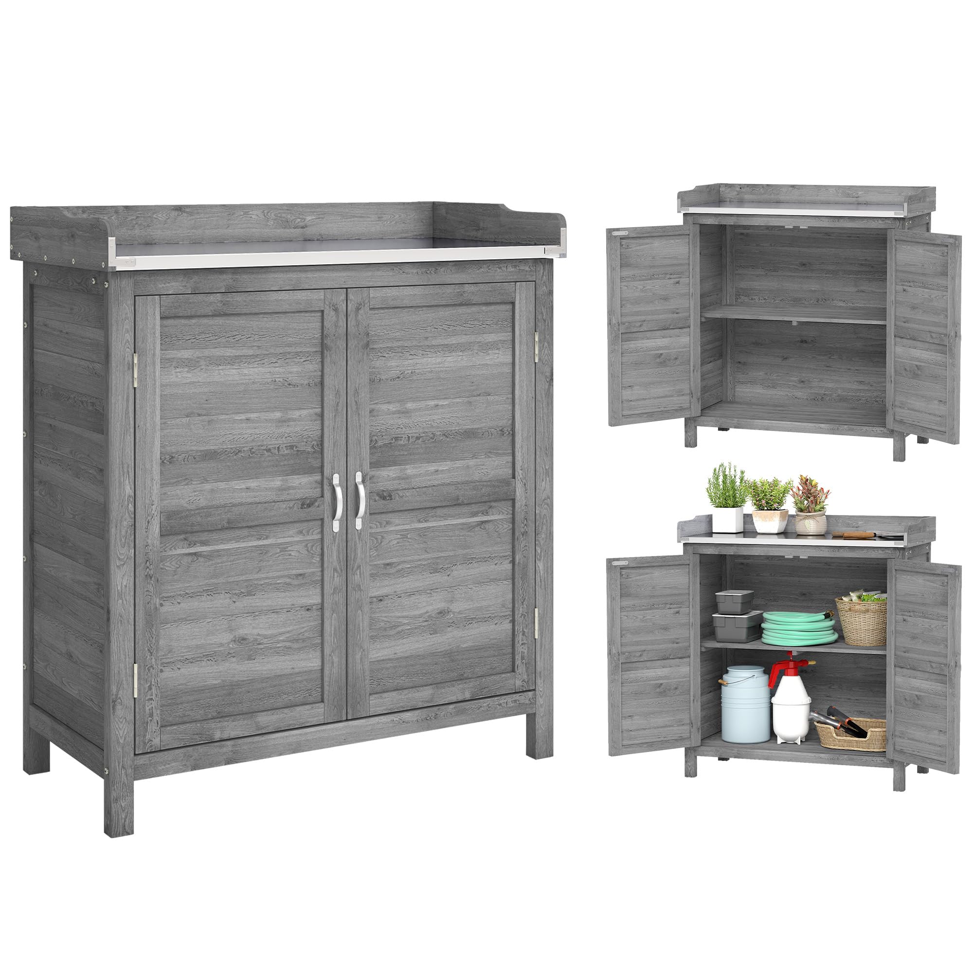 Outsunny Gartenschrank mit Pflanztisch, Holz Geräteschuppen, verzinkter Arbeitsplatte, wetterfest, 83 x 40 x 92cm Grau