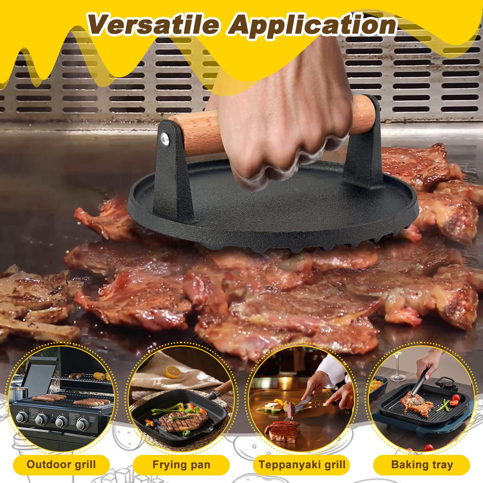 Presse Burger en Fonte, Smash Burger, Presse à Hamburger Ronde en Fonte Robuste de 6,89 Pouces avec poignée en Bois, Presse à galettes pour Barbecue Bacon Steak Grill ou Plaque chauffante