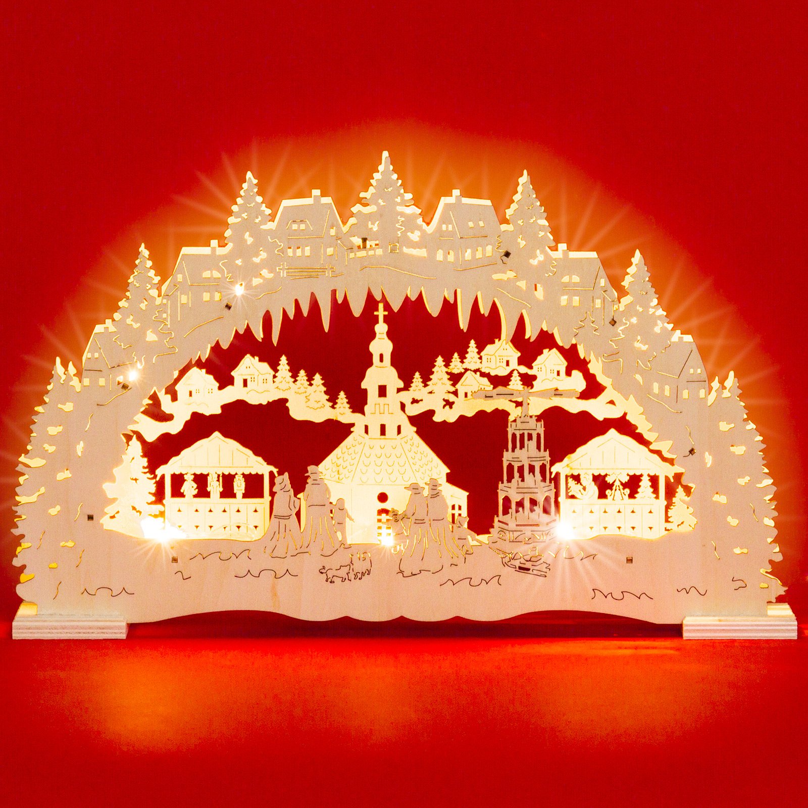 SIKORA LB48 beleuchteter LED Holz Schwibbogen Deko Lichterbogen Weihnachten Motiv Seiffener Weihnachtsmarkt inkl. Netzteil