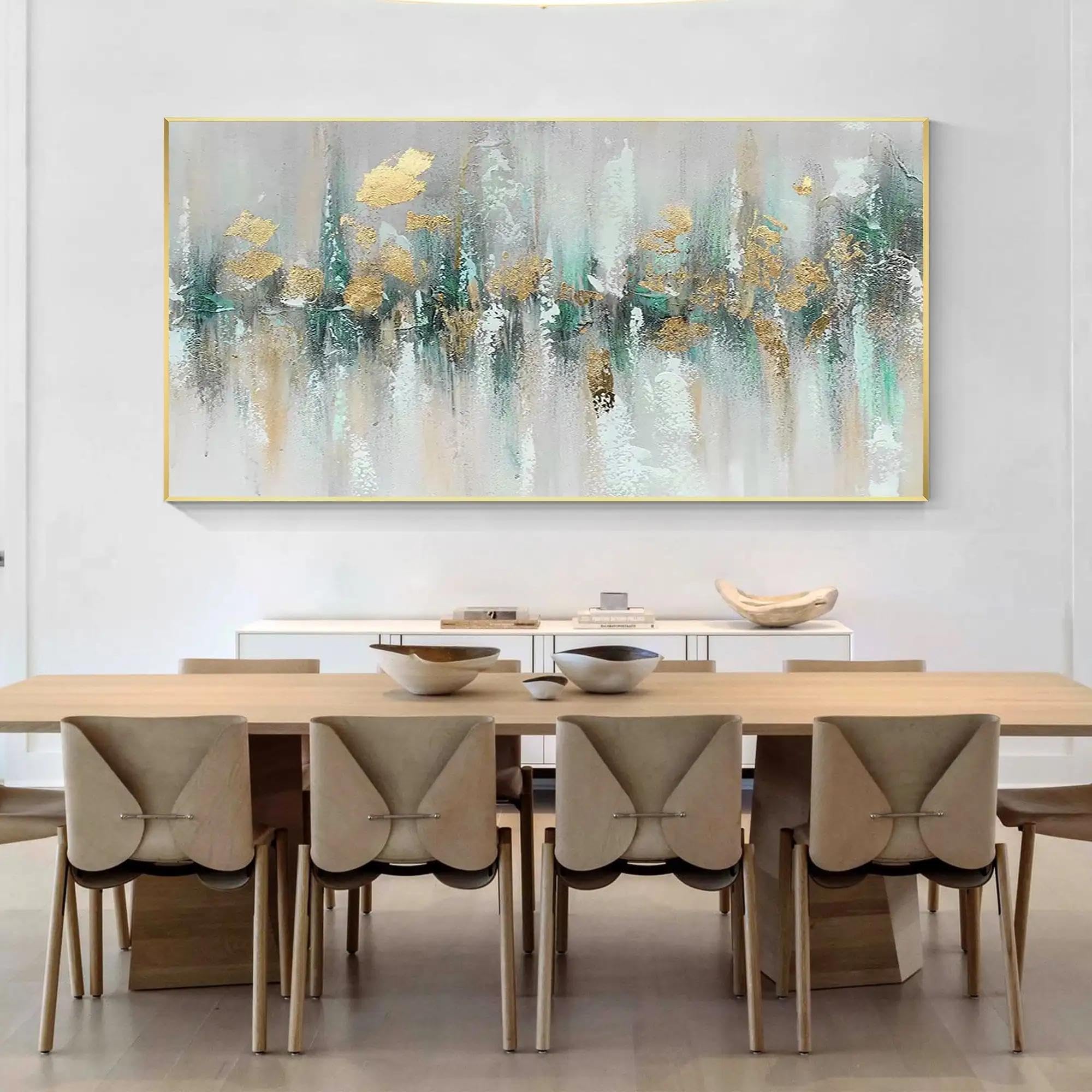 JACBON Gold/Blaugrün, strukturiertes horizontales abstraktes Gemälde auf Leinwand, für Wohnzimmer, Schlafzimmer, große goldene Wandkunst, moderne Heimdekoration, 80 x 160 cm, rahmenlos