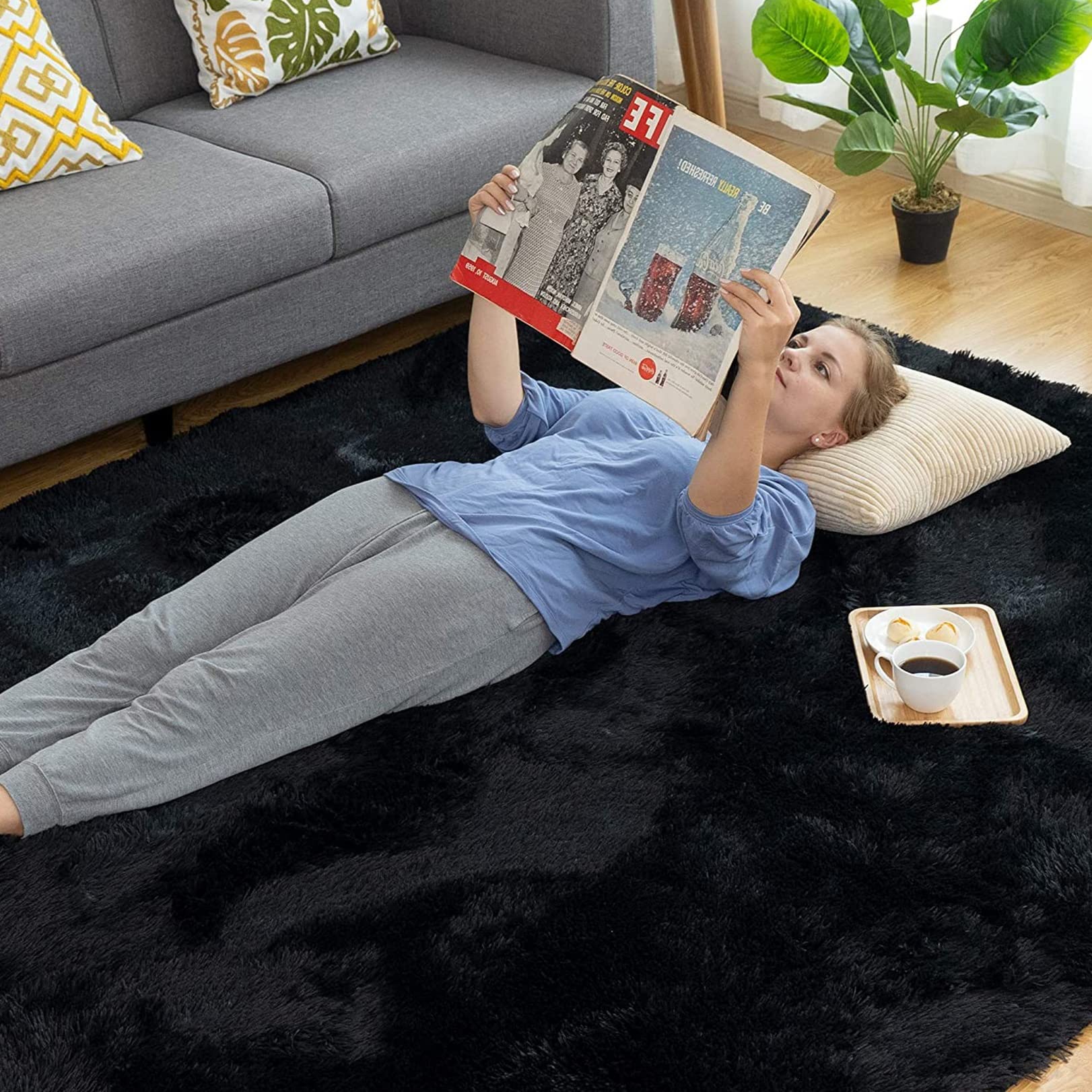 Tapis à poils longs en fausse fourrure douce pour chambre d'enfant, couloir, chambre de jeune, salon - Gris foncé - 80 x 200 cm