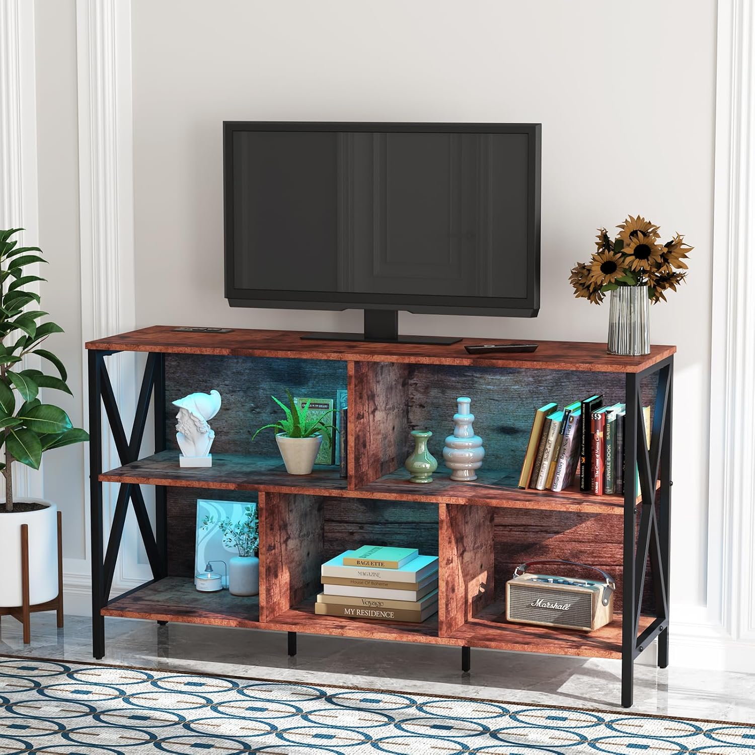 Horizontal Bookshelf,Industrial Modern 5 Cube Low Wide Cubby Bookcase with led Light,Long Wood and Metal Storage Organizer Open Shelf, Book Shelf Bedroom Storage for Home Office Living Room(Brown)