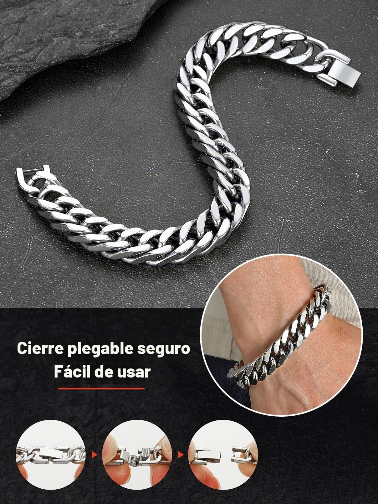 FaithHeart Pulsera Hombre Acero Inoxidable 8/12/17mm Ancho Cadena Cubana Eslabones Redondos Pulsera Simple Punk Hombre Chico Novio 19/21/23cm