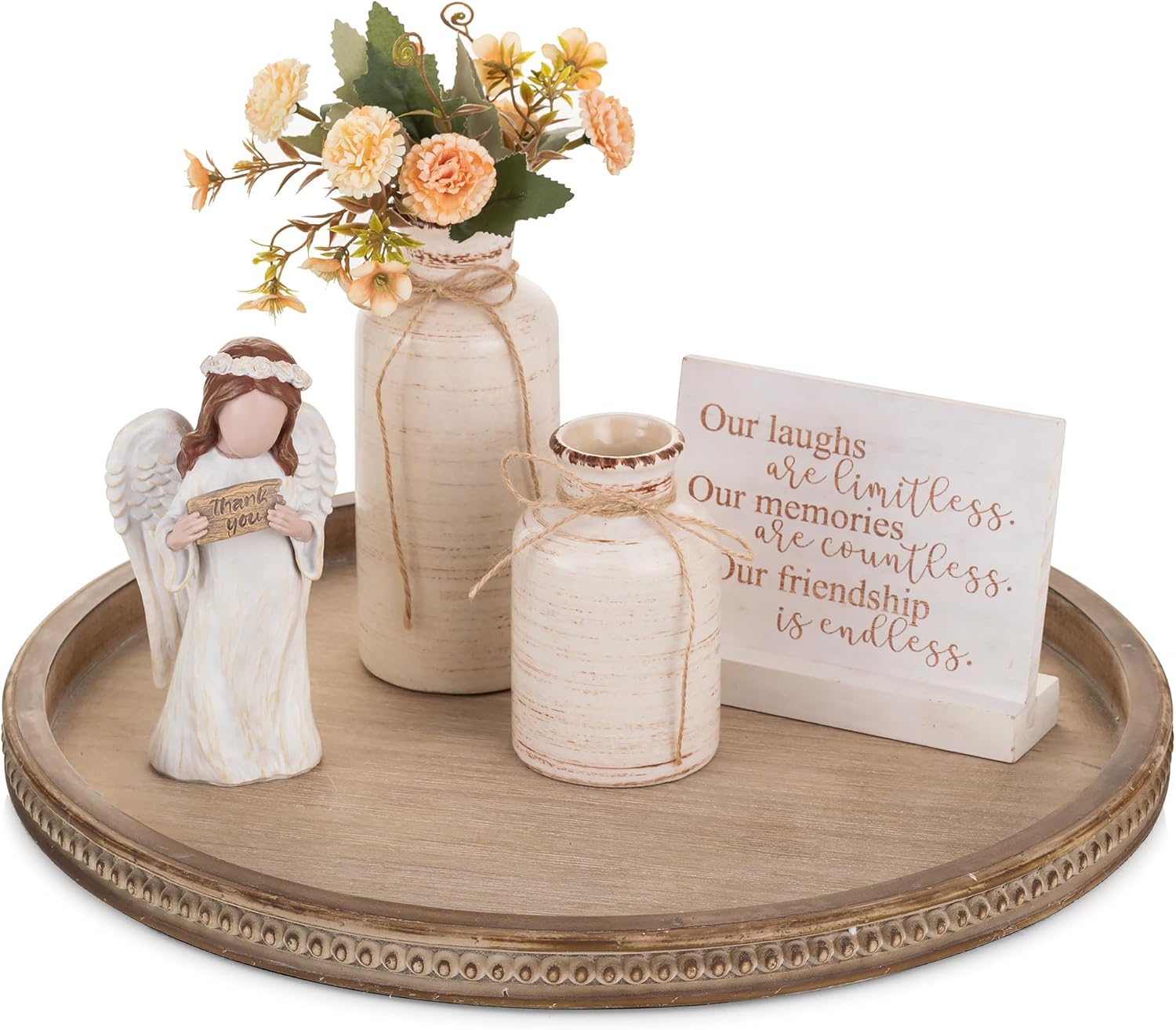 Hanobe Large Round Decorative Tray: 45cm Coffee Table Beaded Tray Vintage Circle Big Wood Trays Decor Rustic Farmhouse Ottoman Centerpiece Serving Home for Counter 17.7" Brown