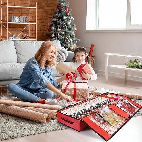 Miniatura 8 de Organizador de papel de regalo, bolsa de embalaje de regalo de Navidad con dos bolsillos interiores, almacenamiento debajo de la cama para