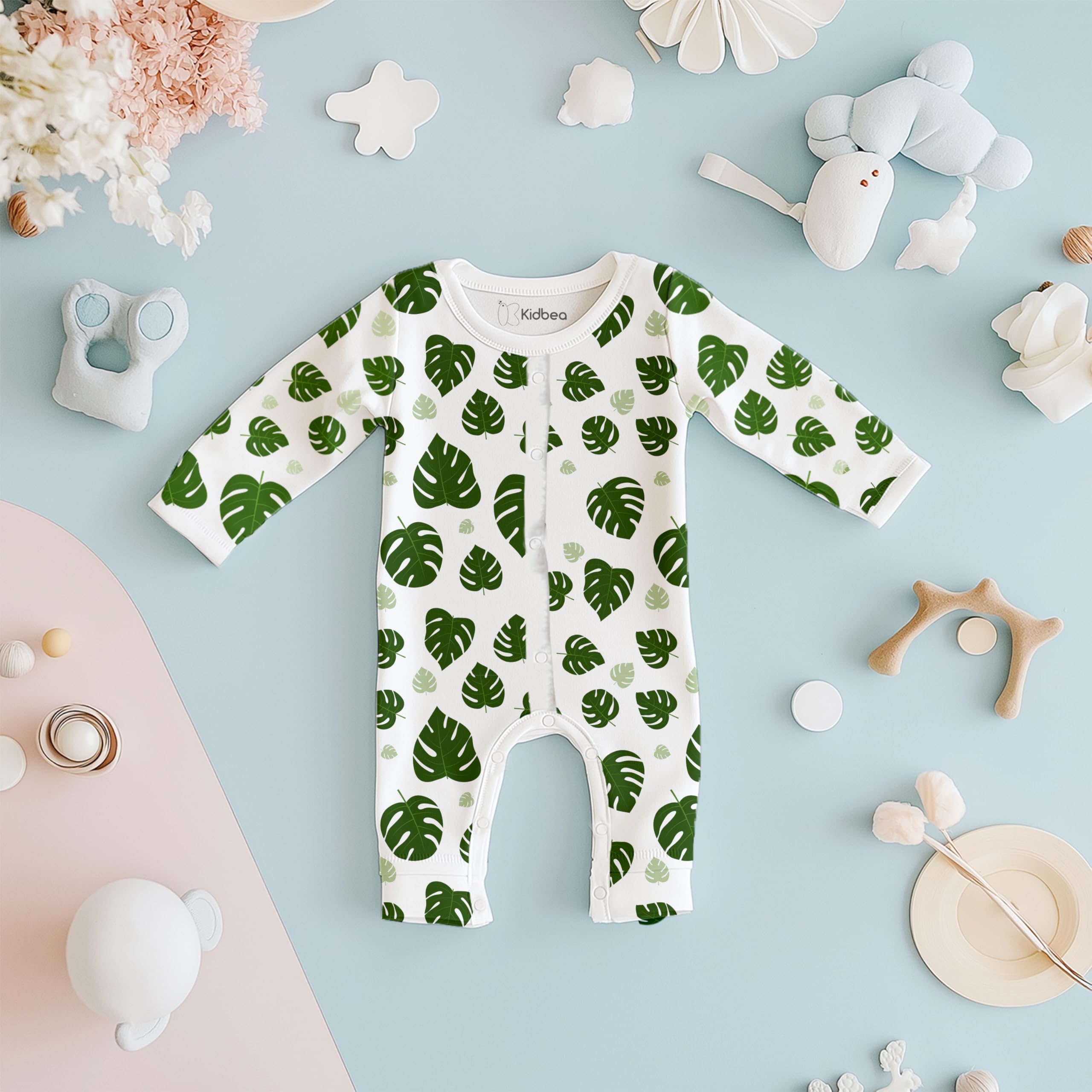 Kidbea® 100% Cotton Rompers Jumpsuit Night Suits for Infants Newborn Baby Boys & Girls Leaf Printed With Green Color Size 3-6 Months - Image 2 thumbnail