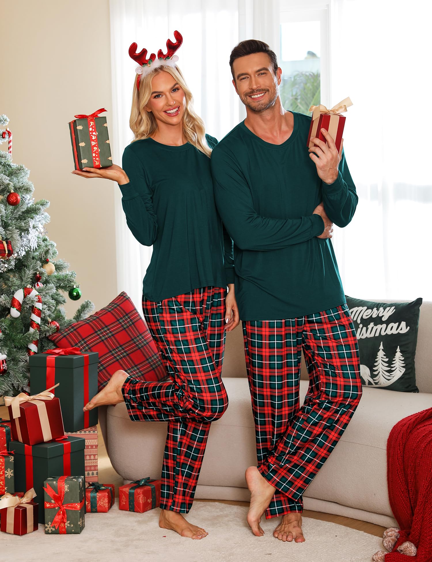 LecGee Pijamas de Navidad a juego para parejas, de manga larga, ropa de dormir familiar, para mujeres y hombres, pijamas a cuadros con bolsillos