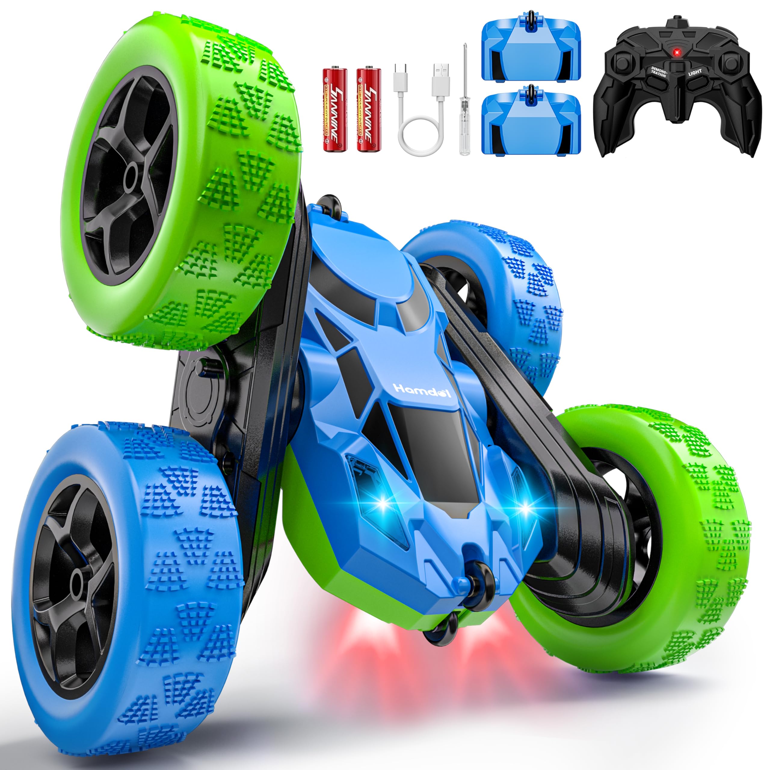 Hamdol Upgraded RC Car for Kids, 360° Rotating Double Sided Stunt Vehicle with Headlights, 2.4GHz 4WD Remote Control Car, USB-C Rechargeable Electric Toy, Birthday for Boys &amp; Girls