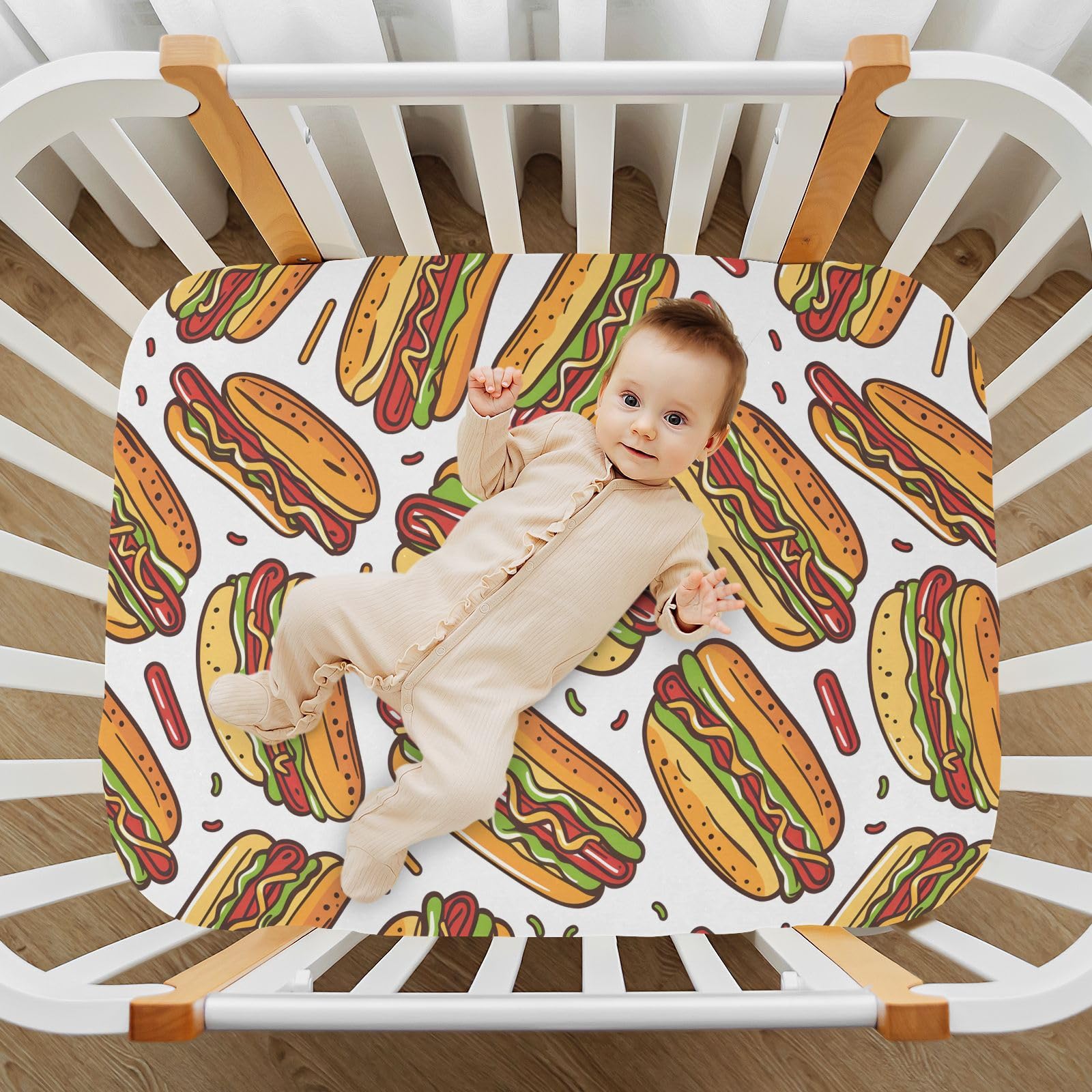 Hot Dog Pattern Crib Sheets for Girls and Boys Fitted Baby Sheets for Standard Crib Toddler Bed Mattress Soft Baby Toddler Sheets 52 x 28 inch
