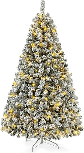 Árbol de Navidad flocado de nieve preiluminado de 6 pies, árbol de abeto de Navidad artificial con luces blancas cálidas, árbol de Navidad con