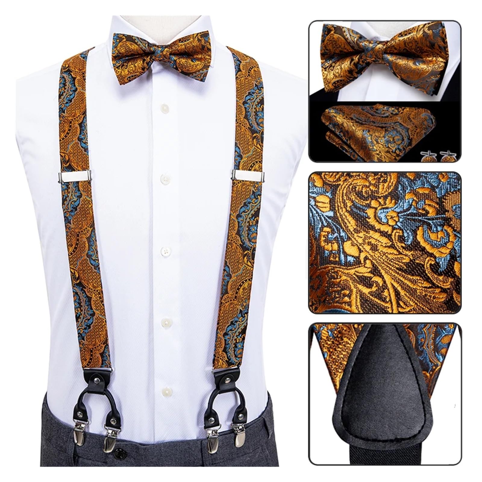bretelles pour femme Soie adulte hommes bretelles métal 6 Clips bretelles noeud papillon Hanky ​​boutons de manchette mâle fête de mariage élastique réglable