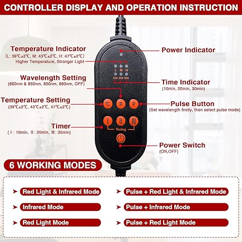 Miniatura 3 de CAMECO Terapia de luz roja e infrarroja para pies, dispositivo de terapia de luz roja LED de 660 nm y 850 nm con modo de pulso, temporizador y