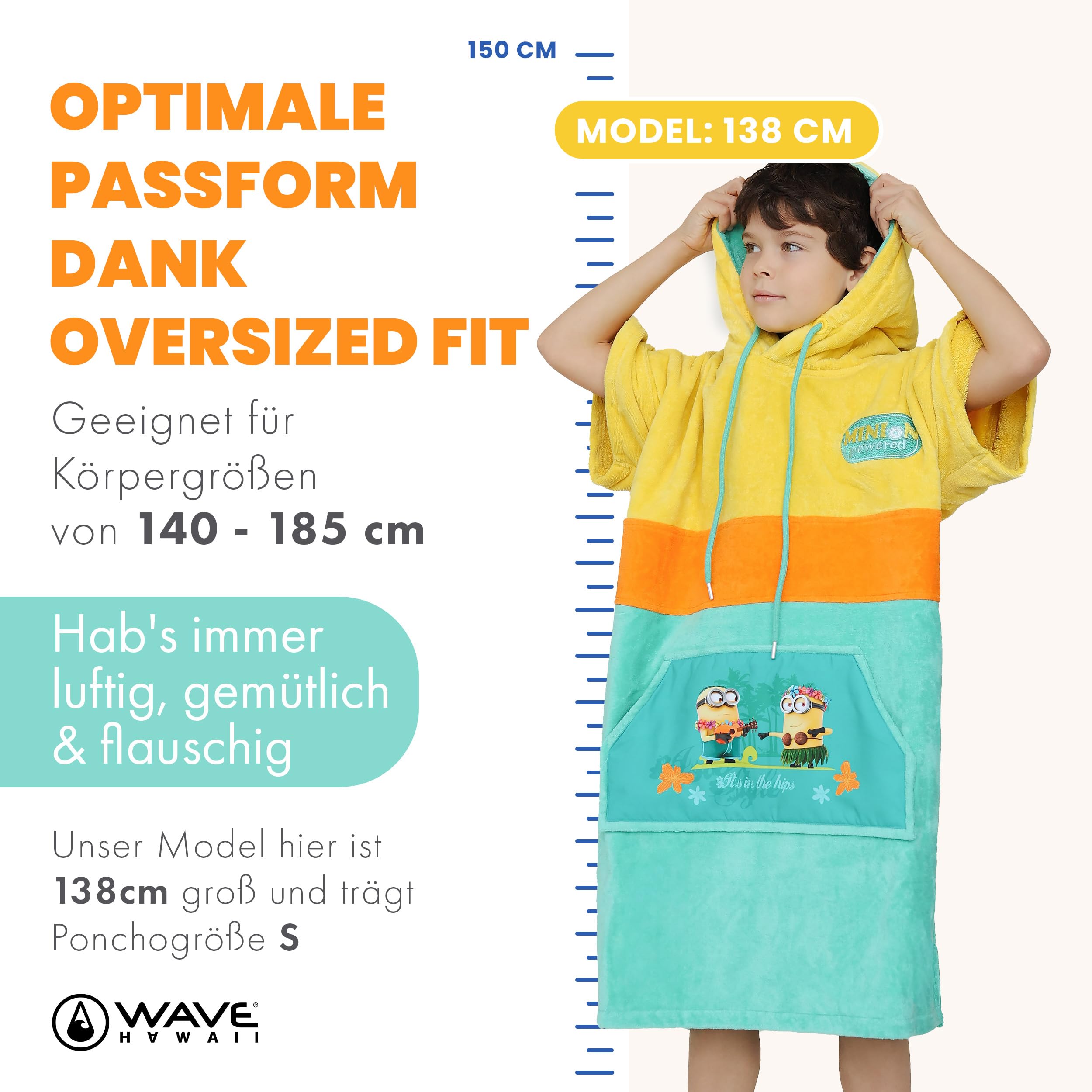WAVE HAWAII Badeponcho mit lizensierten Minions-Motiv, Größe S, aus natürlicher Baumwolle, Strand & Surf Poncho mit Kapuze – Kuscheliges Handtuch für zu Hause, Freizeitbad