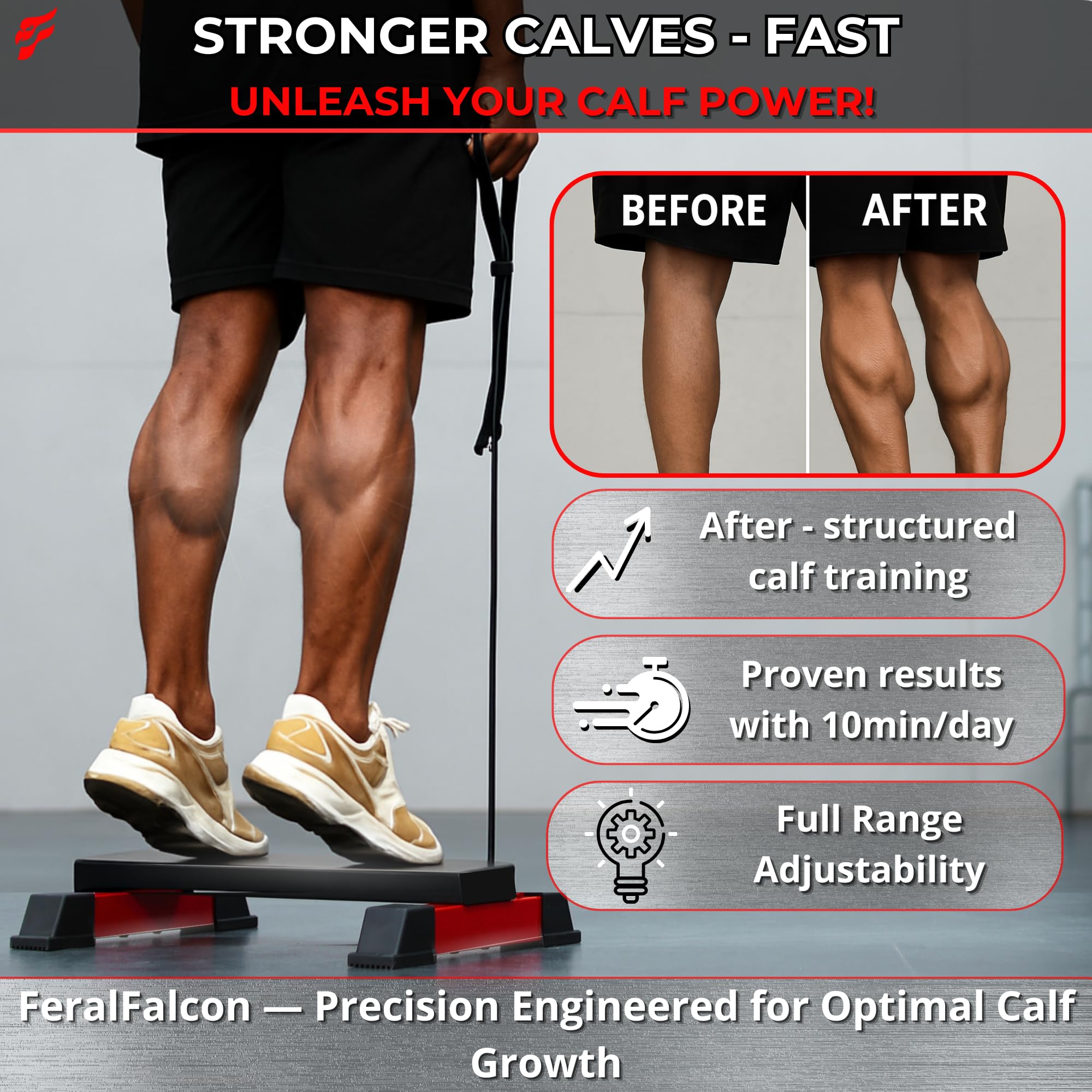 FeralFalcon Adjustable Steel Calf Raise Block – Calisthenics & Gym Equipment – Non-Slip, Band Compatible – Bar for Calves, Foot & Ankle Strength – Home Workout Step Platform