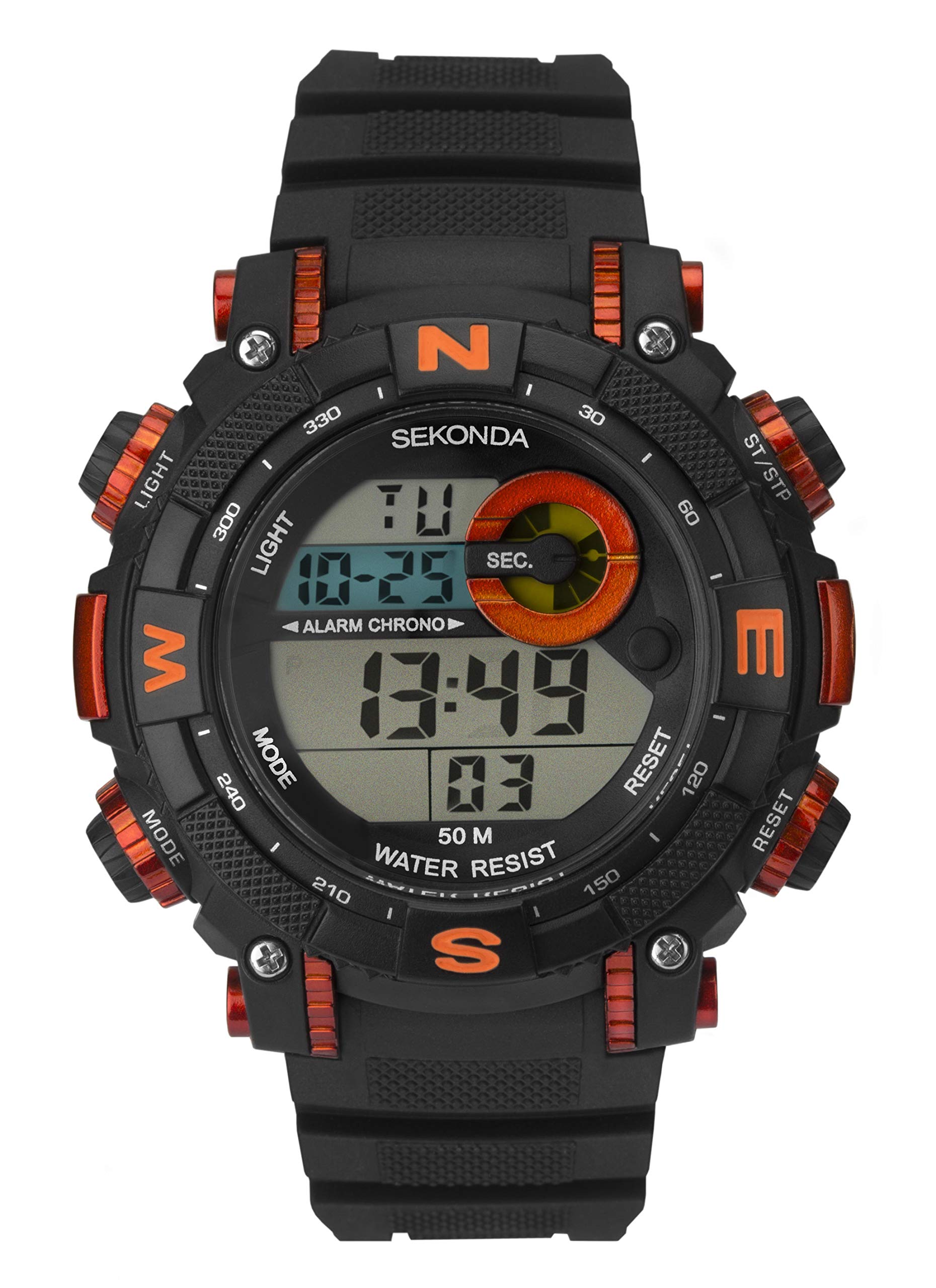 SekondaSekonda Unisex 53mm Outdoor Watch, Rubber Strap, Alarm, Date, Light, Water Resistant up to 50m