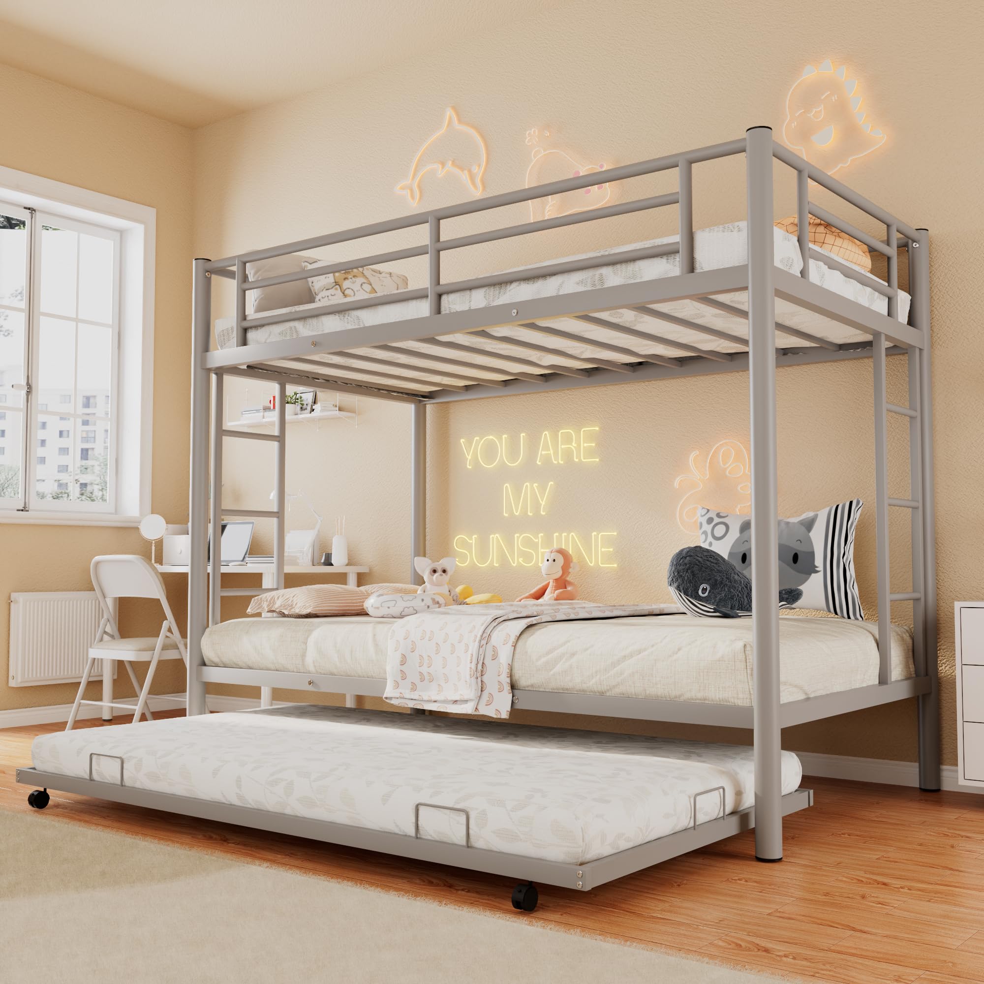 Merax Metal Bunk Bed Twin Over Twin Triple Bunk Bed with Twin Size Trundle, Grey Silver 642