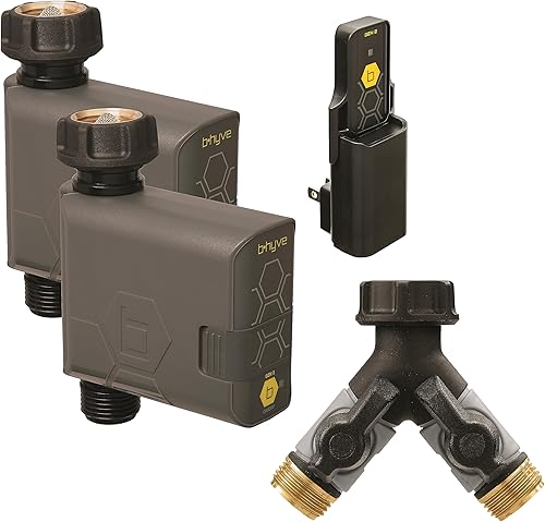 Orbit 21206 B-hyve Temporizador inteligente de riego de manguera (Gen 2), paquete de 2 con concentrador Wi-Fi y divisor en Y de manguera, gris