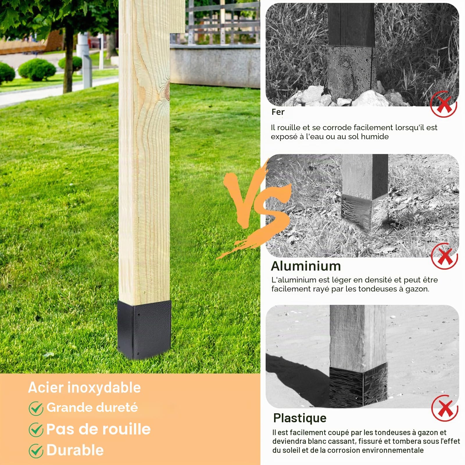 Protections de base de poteau en acier inoxydable (4 pièces réglables de 8,4 à 15,2 cm) pour protéger les boîtes aux lettres, les terrasses et les clôtures en bois contre les dommages causés par la