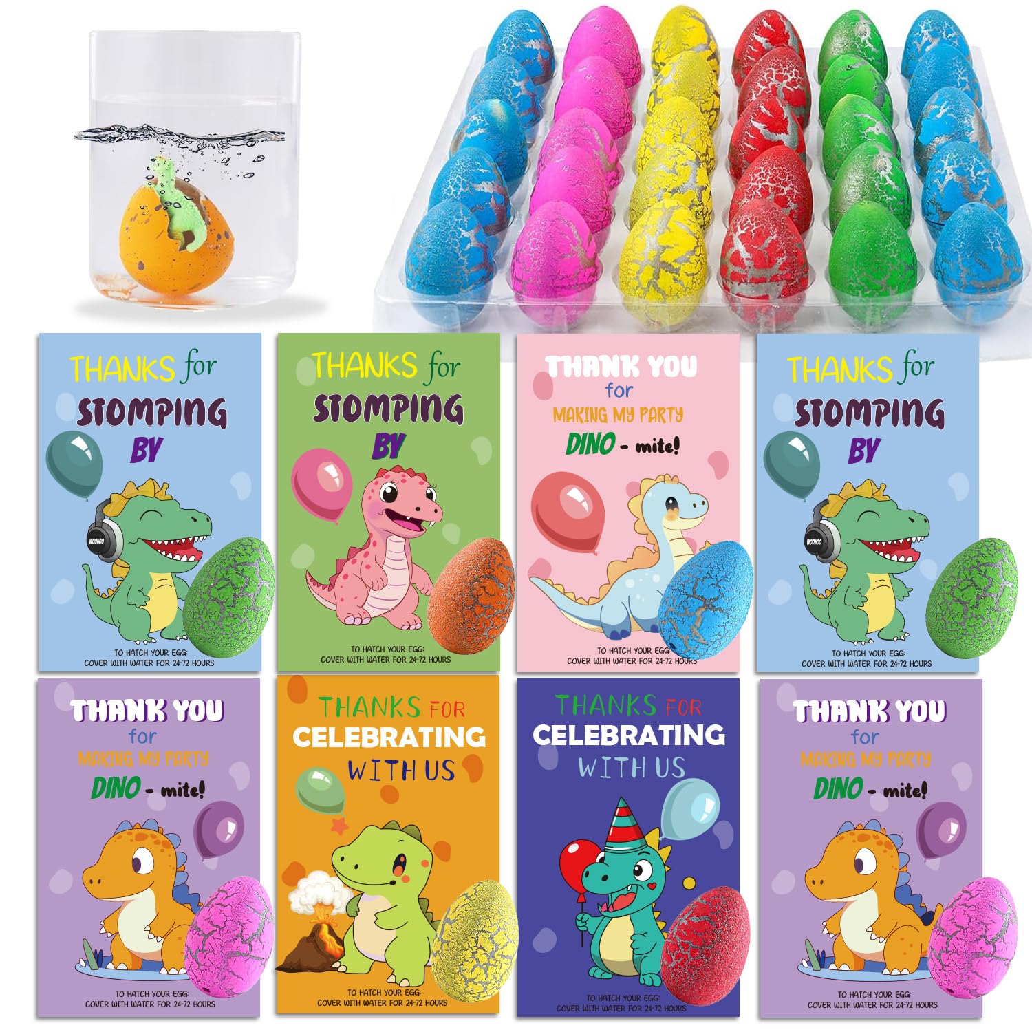 Dinosaur Party Favors 30 Pack Hatching Dinosaur Eggs with Cards, 6 Designs Dinosaur Toys Birthday Party Goodie Bags Stuffers for Boys Girls Classroom
