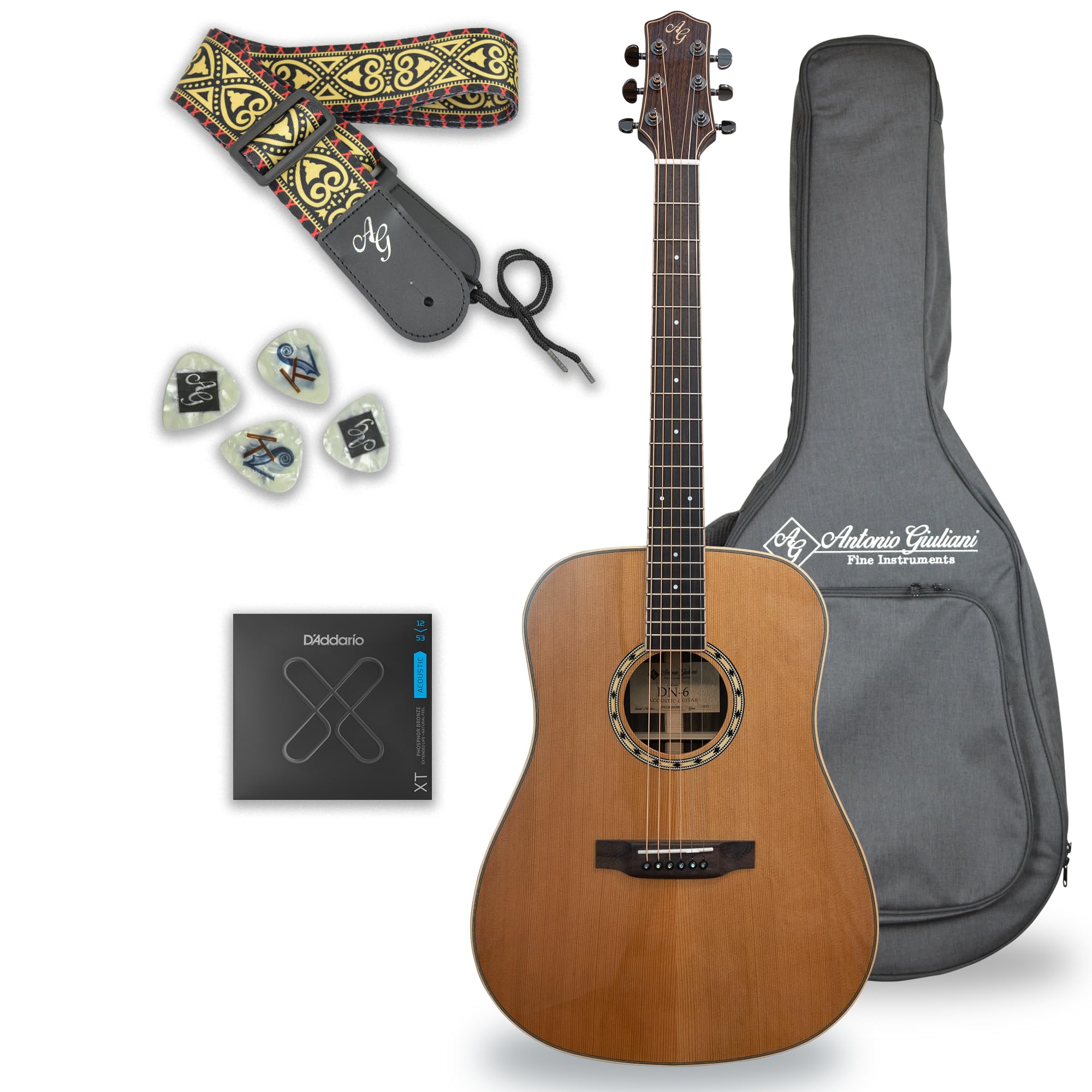 Antonio Giuliani DN-6 Steel-String Acoustic Rosewood Guitar with Carrying Case, Strap, Picks, D'Addario XT strings and Accessories - Complete Guitar Bundle - Dreadnought