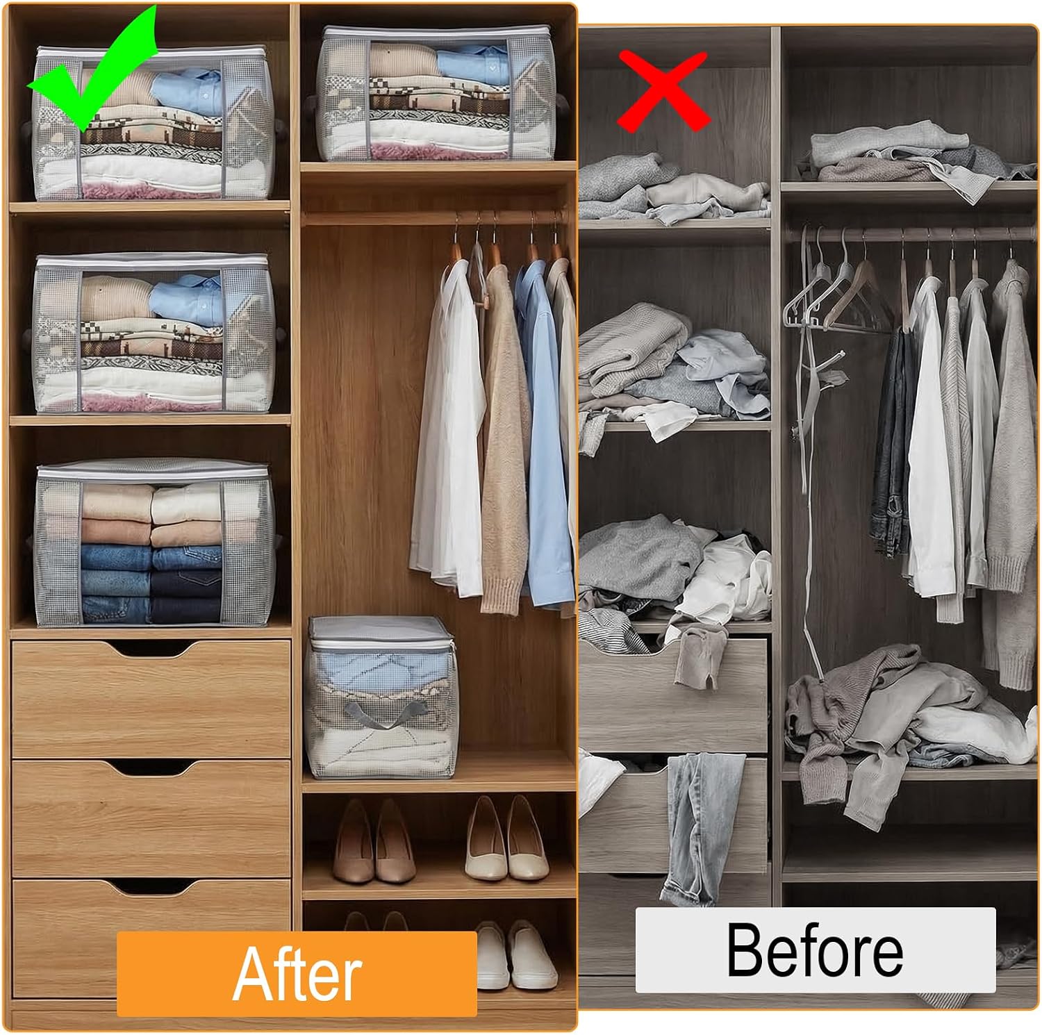 80L 6Pack Large Storage Bag, Clear Clothes Sheets Organizer Storage Containers Bin Foldable Waterproof Blanket Underbed with Double Zipper for Clothes, Blankets,Comforter,Pillows,Moving Bags