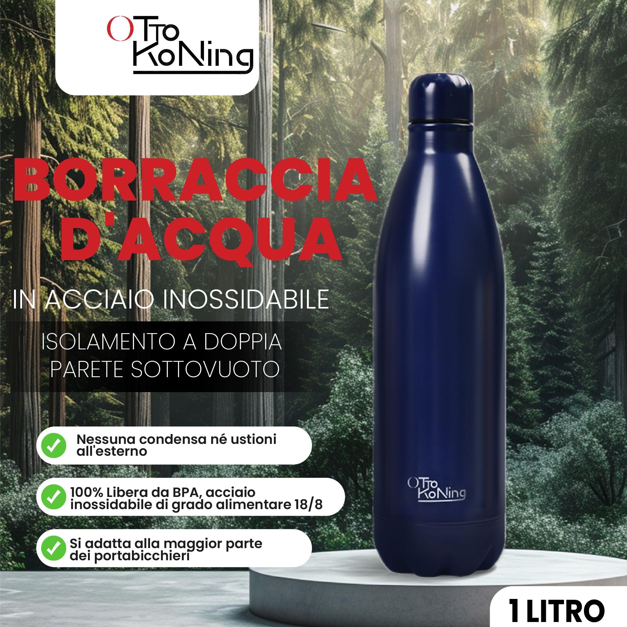 Borraccia Termica 1 Litro Otto Koning, Bottiglia Termica 1L in Acciaio Inox 18/8, Doppia Parete Sottovuoto, Freddo 24h Caldo 12h, Senza BPA e Ftalati, a Prova di Perdite, Senza Sapore Metallico