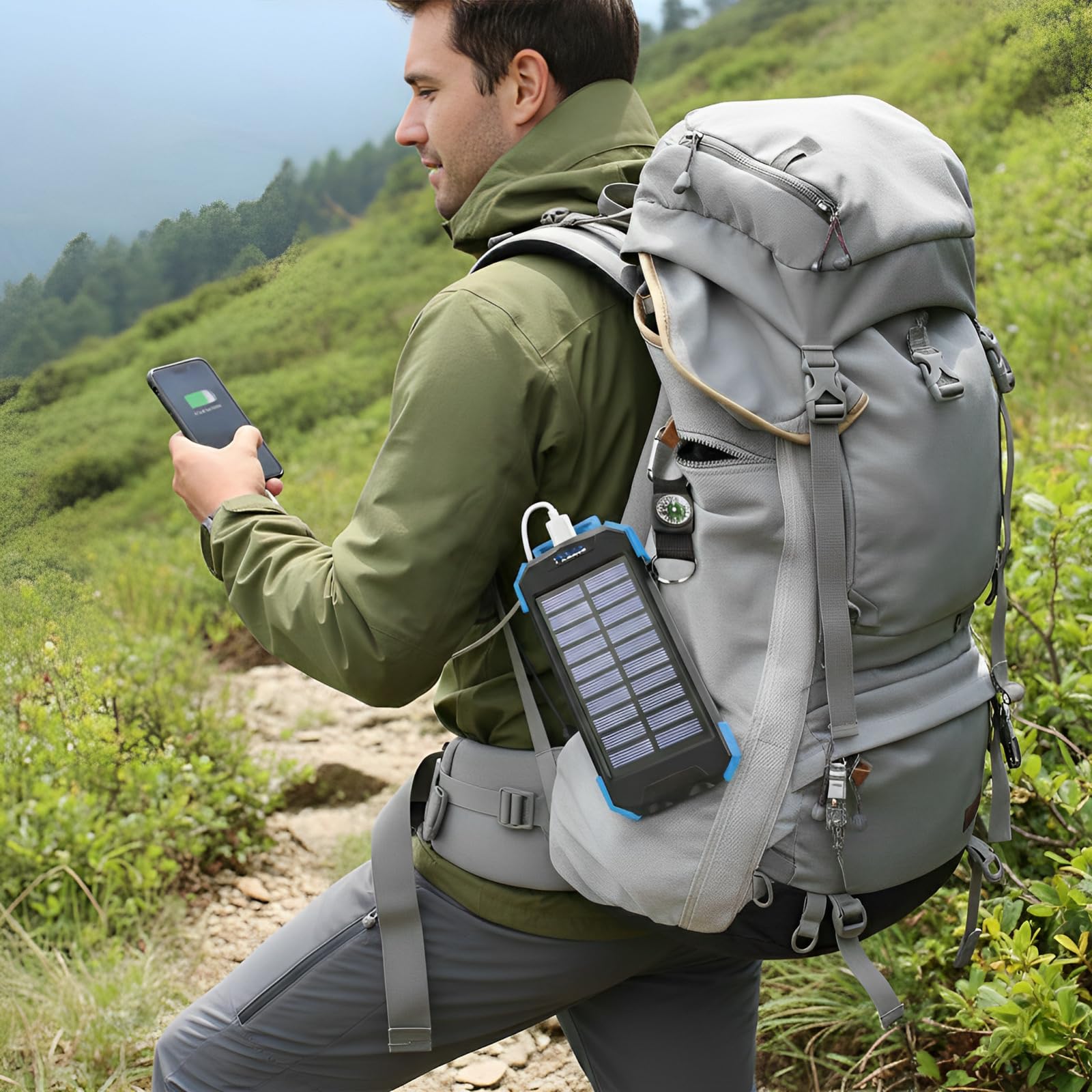 Banque d'énergie solaire 10 000 mAh, chargeur portable sans fil avec indice d'étanchéité IP66, dispositif de charge rapide, boussole et double lampe de poche LED pour camping en plein air urgence