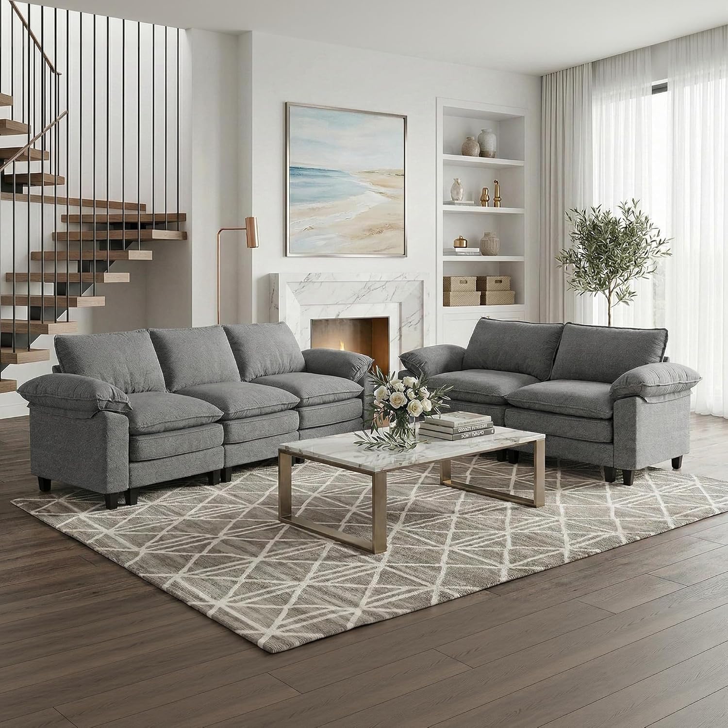 2 Piece Chenille Sofa Set, Loveseat & 3 Seater Modular Sectional Couch with Comfy Upholstered Cushions, Cloud Comfy Deep Sofa, Furniture Set for Living Room, Light Grey