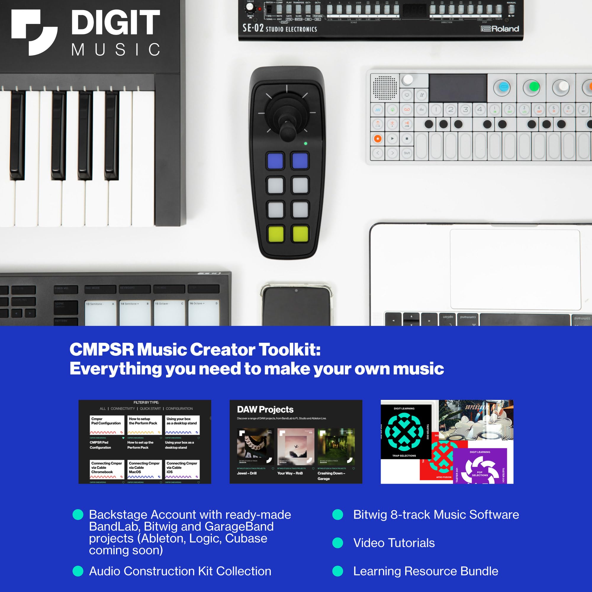 CMPSR Kit Music Creator: Include Strumento/Controller Digitale, Software Bitwig A 8 Tracce, Modelli Di Progetto, Tutorial E Contenuti Audio