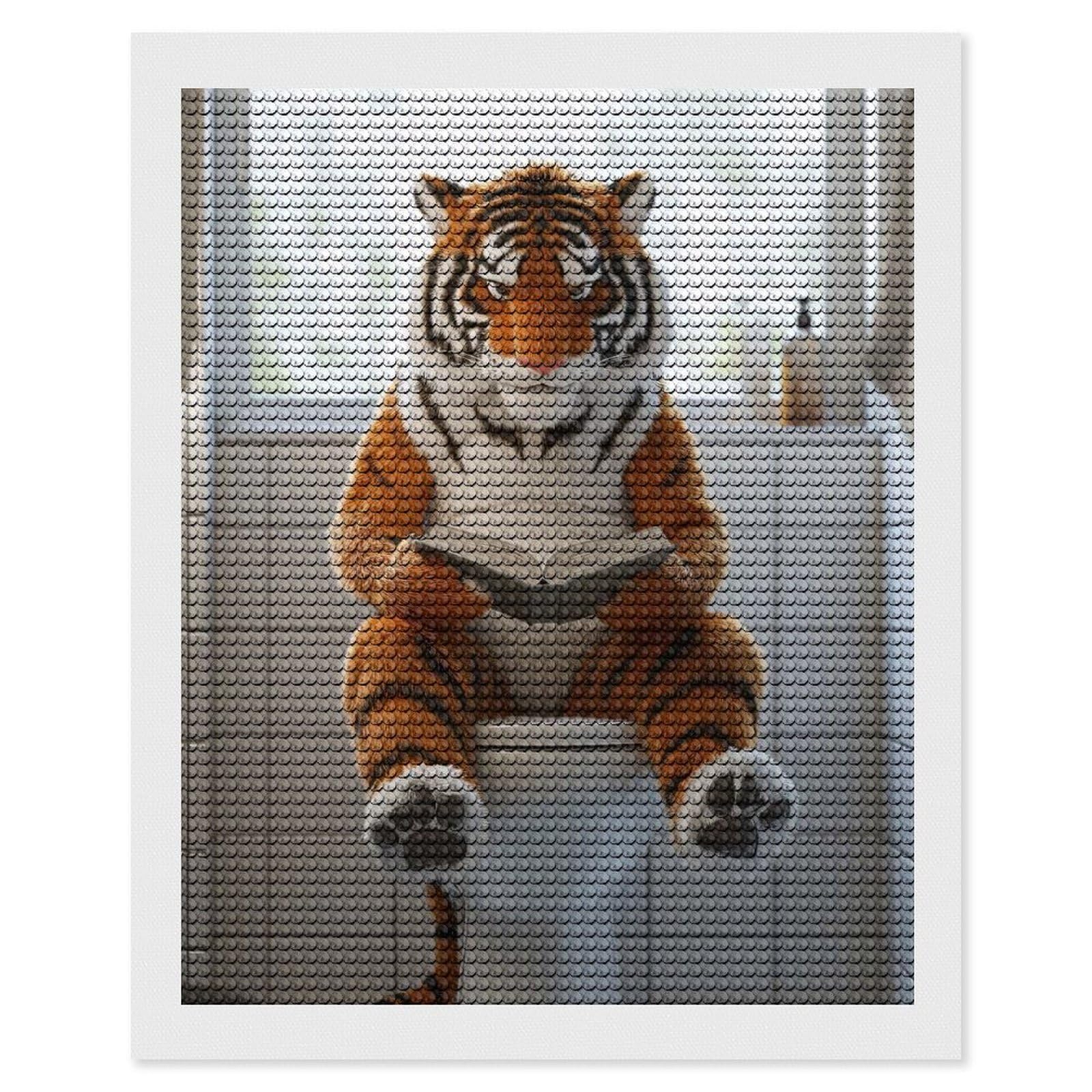 Junmoney Tiger Reading on A Toilet Diamond Painting Set 16"x20", Sparkling Round Gems, Decorate Your Room, Fun Craft Experience, Modern Decor