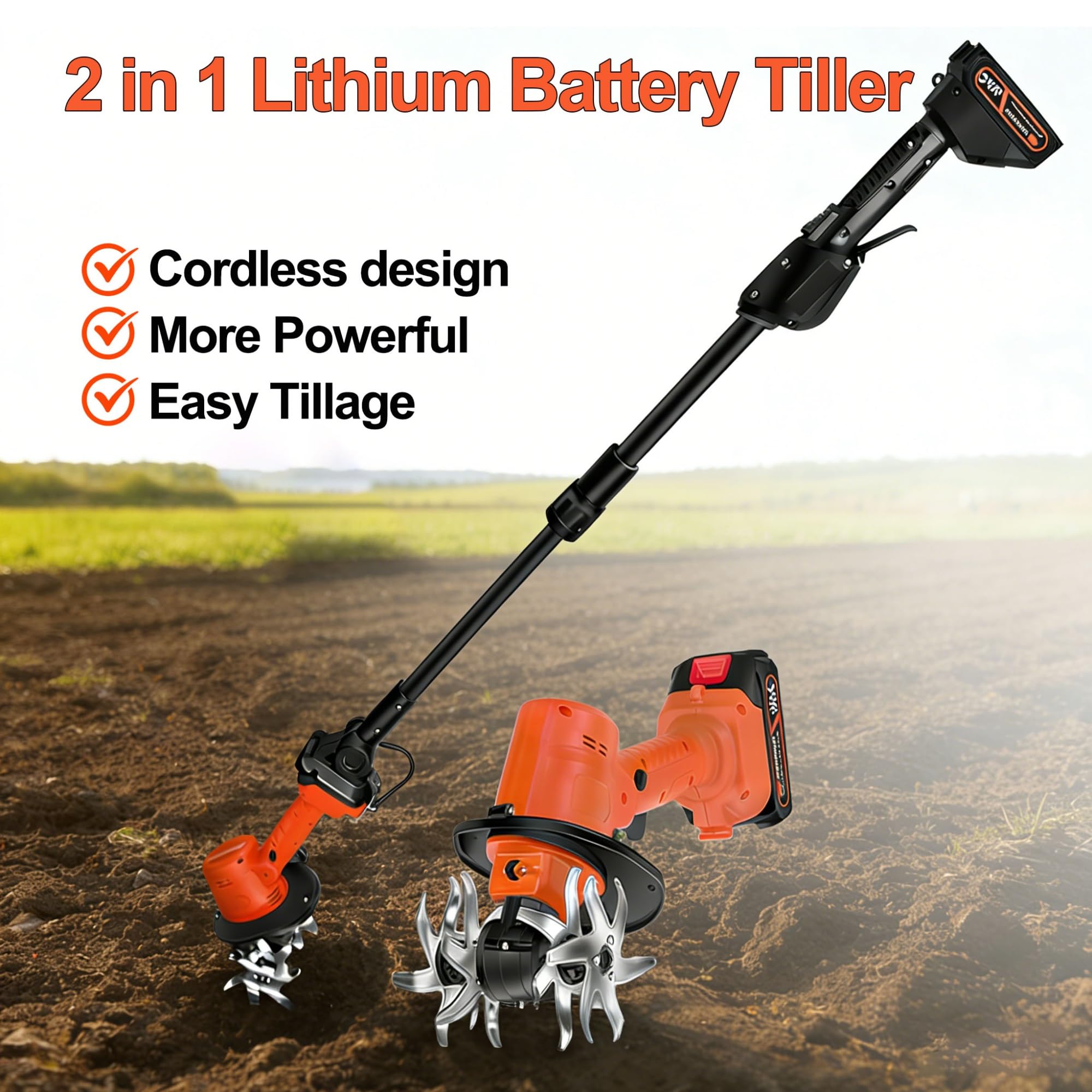 Zappatrice a Batteria 24V, Motocoltivatore Elettrico con Asta Estensibile – Rotavatore a Batteria con 4 Lame, 235 giri, 2 Batterie 10cm Larghezza/Profondità – Motozappa per Orto e Giardino