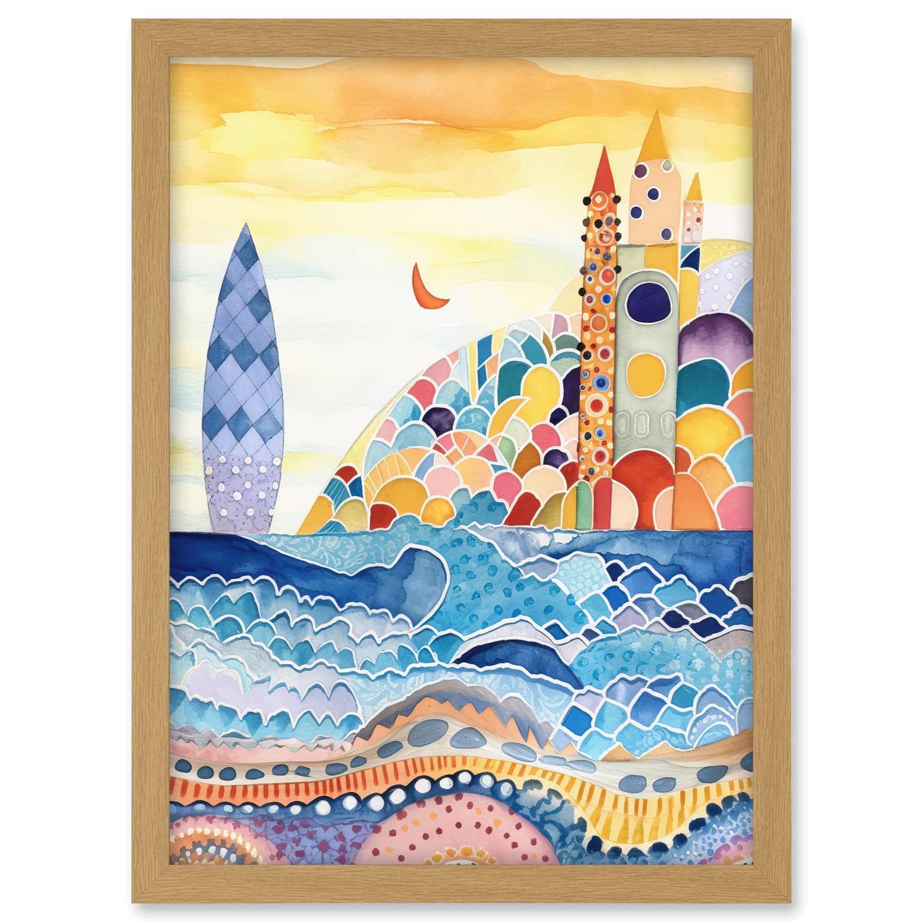 Artery8 Abstract Seascape Waves On Beach Folk Art Bathroom Artwork Framed A3 Wall Art Print