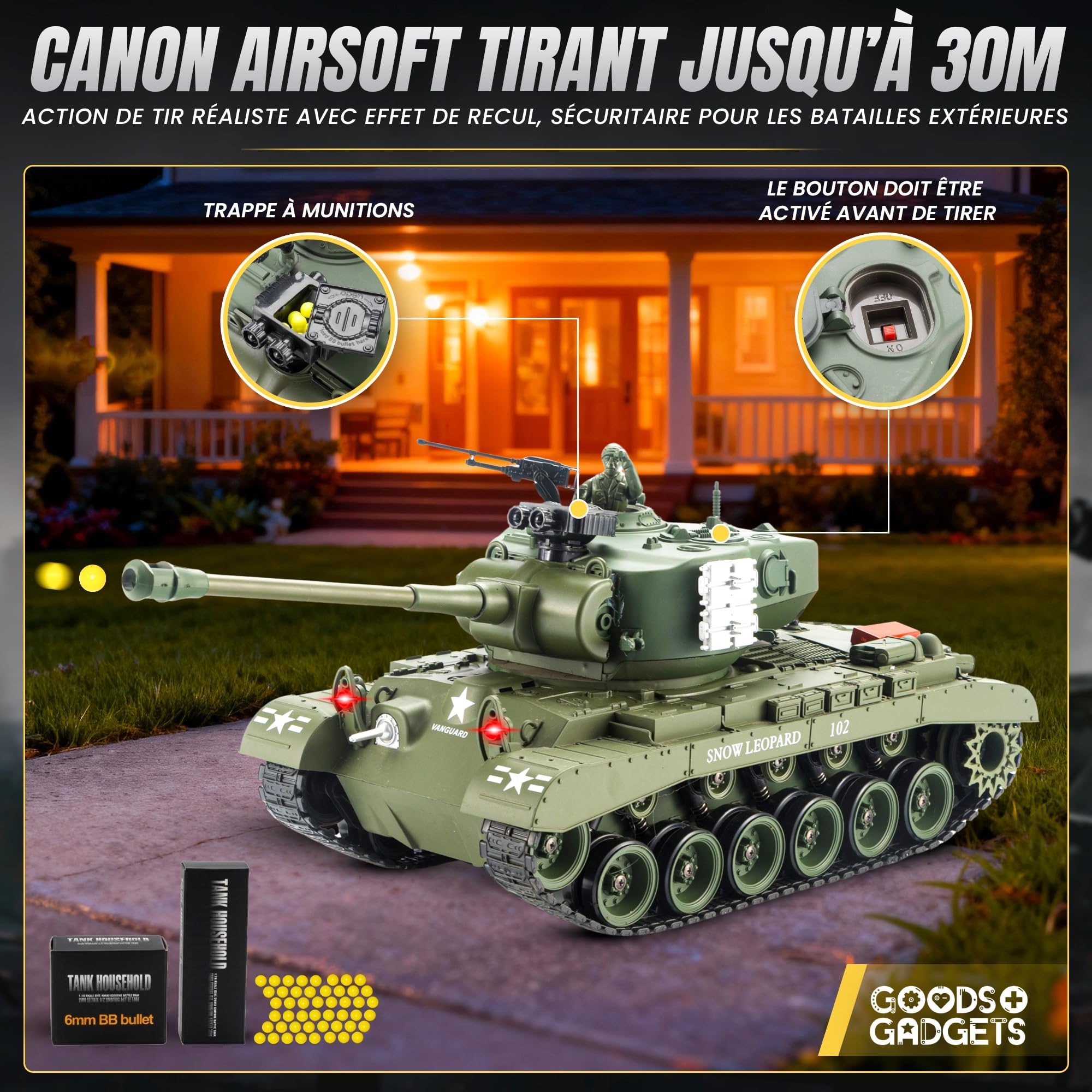 GOODS+GADGETS Modèle réduit de Char d'assaut Allemand Tiger I 2.4GHz à l'échelle 1:16 avec Fonction de tir, Son,Unisexe - RTR (Pershing Snow Leopard)