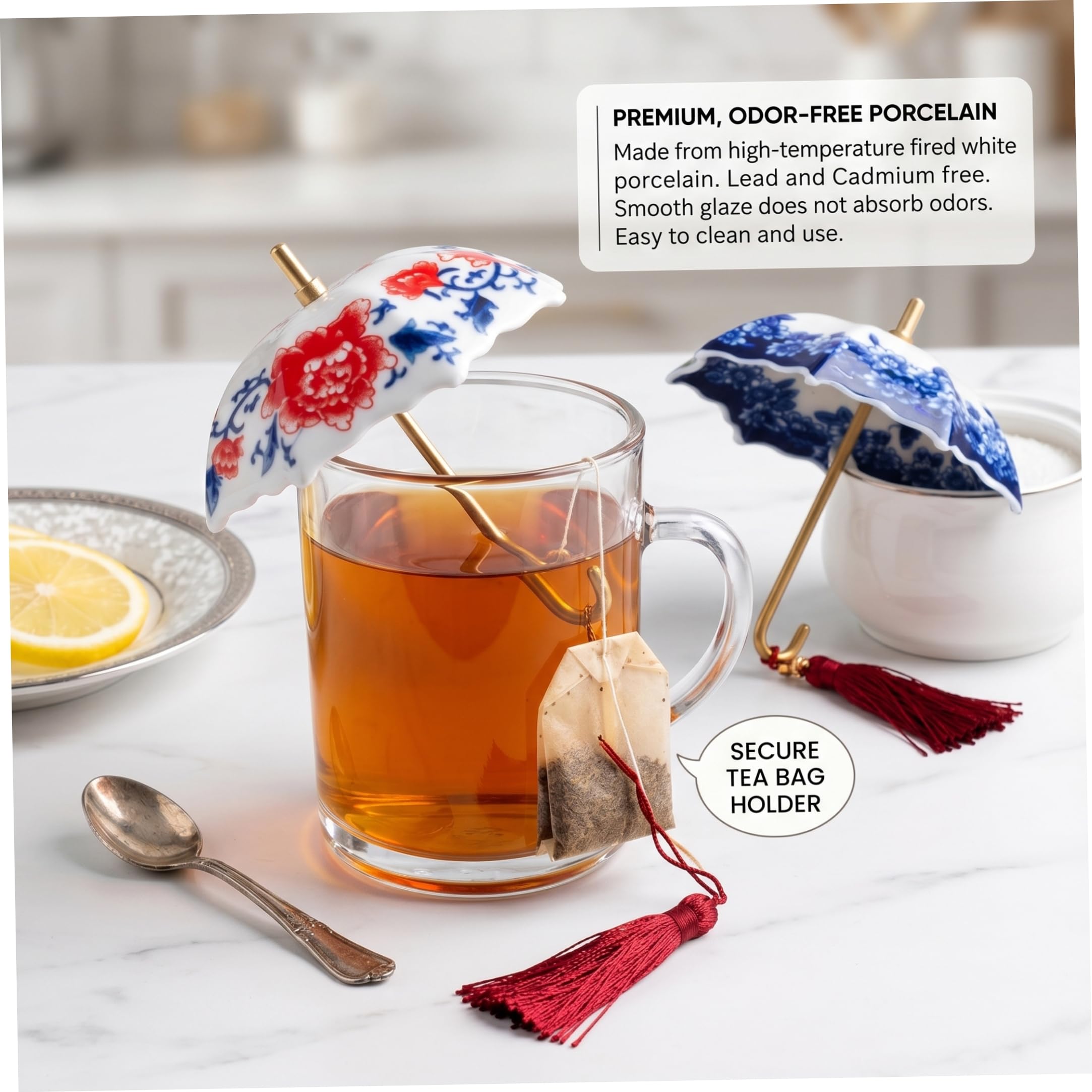 Difusores de té para té suelto, 2 coladores de paraguas, infusor giratorio de hojas sueltas con porcelana azul y blanca, filtro de cerámica (azul + rojo)