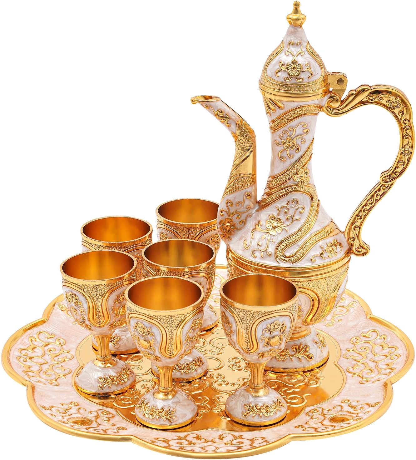 Vintage Tea Set, Tea Tray and Cups for Wine Cabinet Decor, Coffee Pot and Cups Set, Tea Service Set Including Teapot,Cups,Tea Tray, for Living Room, Dining Room, Bedroom, Coffee Shop (White)