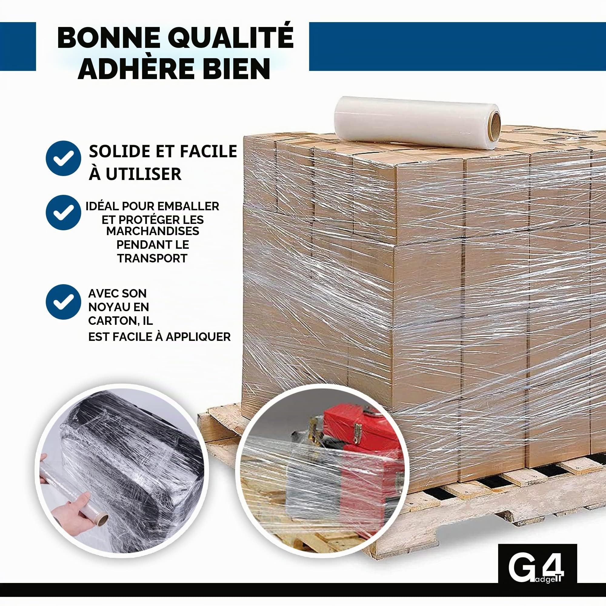 G4GADGET Rouleau de film étirable robuste pour emballage, déménagement et stockage - Résistant aux déchirures, imperméable et à l'humidité - 400 mm x 150 m