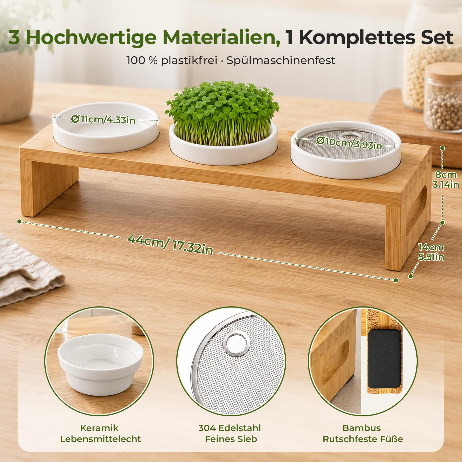 Sprossen Anzuchtset 44cm mit 3 Keramik Kresse Anzuchtschalen