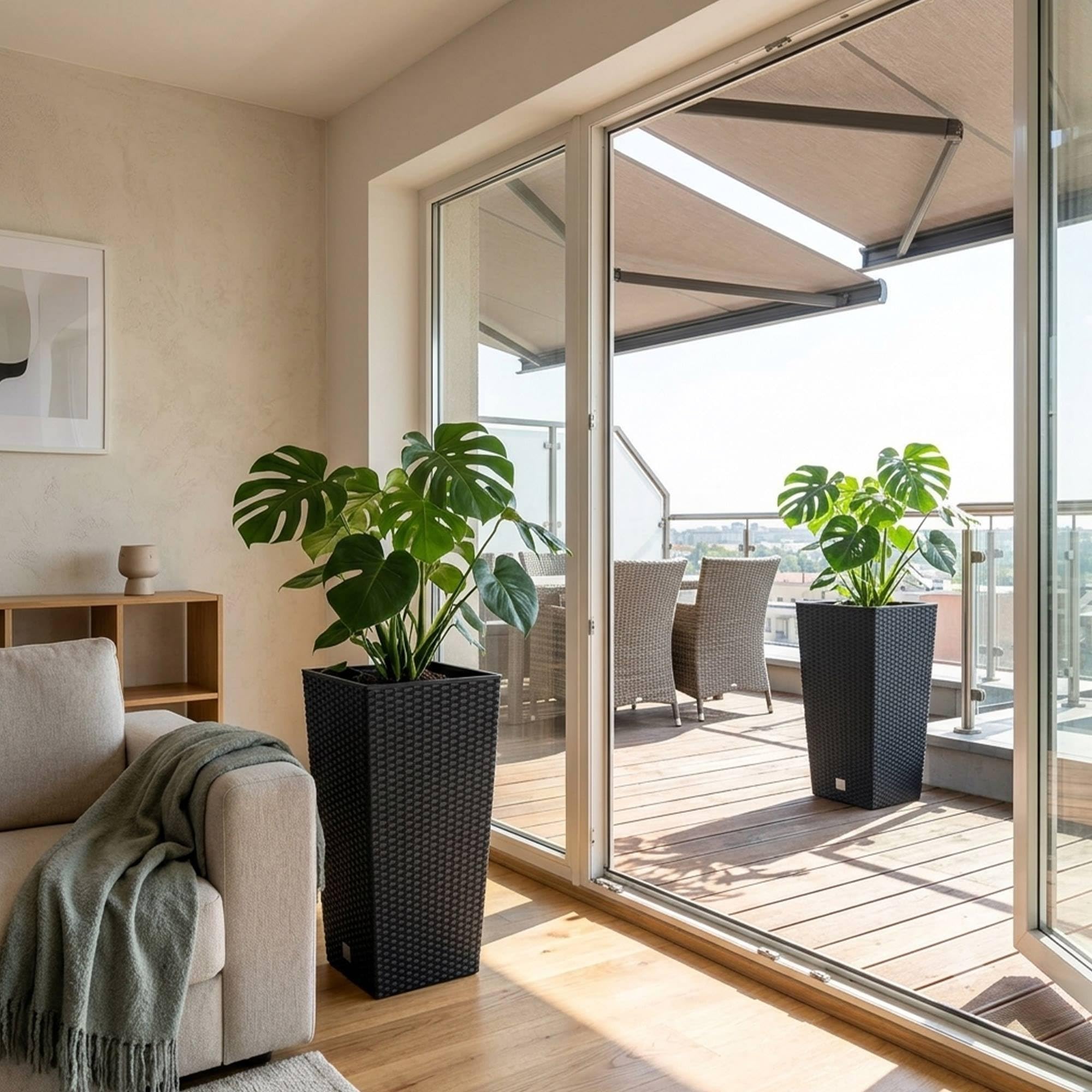 Maceteros Altos para Flores con Cubeta Interior, Maceta Grande de Exterior/Interior, Plástico Efecto Rattan, para Terraza, Jardín o Salón, Resistente UV, 75 Alto x (40x40) cm, Color Antracita