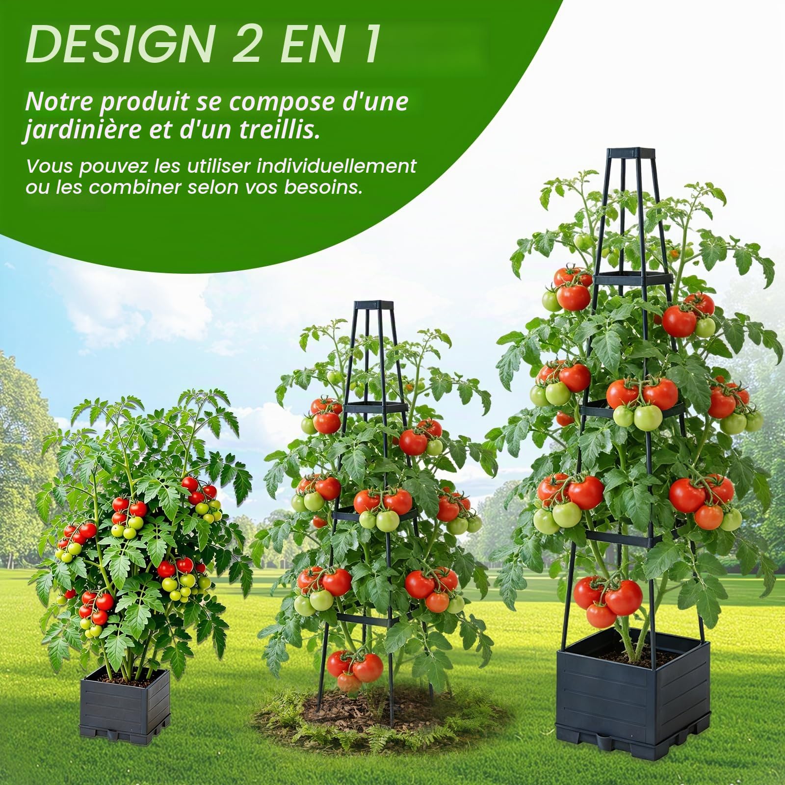 BRGD Lot de 2 Jardinière Surélevée avec Treillis, Arrosage Automatique Jardiniere Tomate pour Culture de Concombres, Haricots, Roses et Pétunias