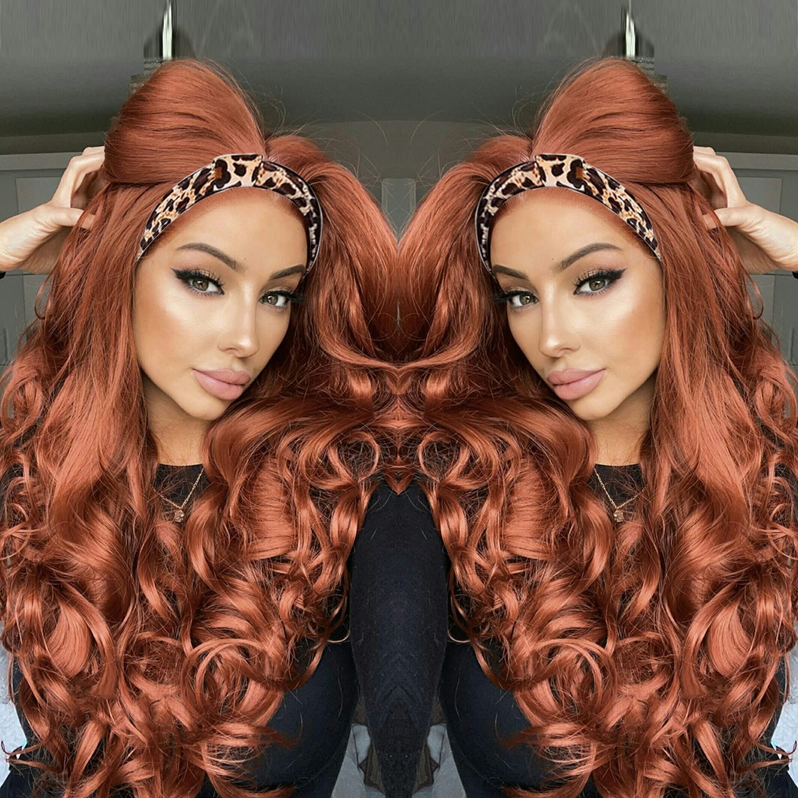 K'ryssmaCopper Red Headband Wig Long Wavy Aurbun Wig with Headband Attached Synthetic Wigs 22 inches