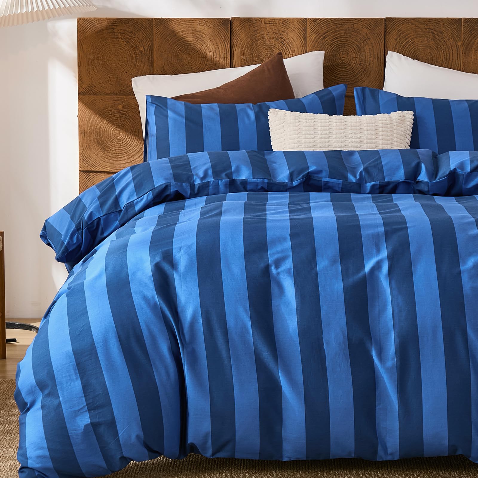 Photo 1 of Merryword Blue Striped Duvet Cover Set Queen Size, 100% Natural Cotton Linen Like Duvet Cover Set with Zipper Closure & 8 Corner Ties, Dark Blue Soft Reversible Bedding for All Seasons