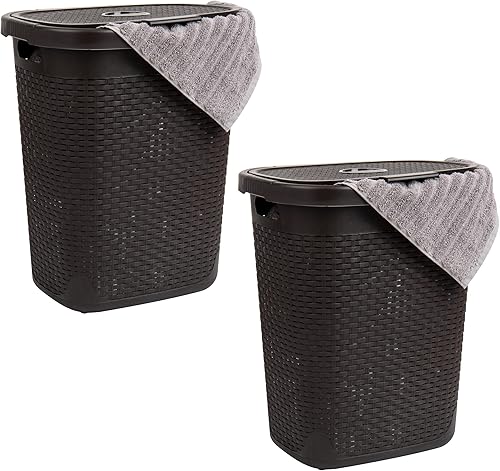 Mind Reader Juego de 2 cestas para ropa sucia de 50 litros, cesta de ropa, tapa, diseño de mimbre, plástico, 17.65 pulgadas de largo x 13.75