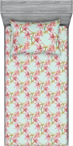 Miniatura 31 de Ambesonne Geometric Fitted Sheet & Pillow Sham Set, Minimalist Vibe Retro Pattern of Waves and Circles Scandinavian, Decorative Printed 3 Piece Pale